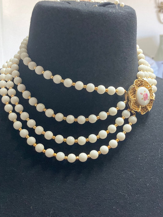 Mid century white gold plastic beaded multi strand choker necklace ceramic roses clasp