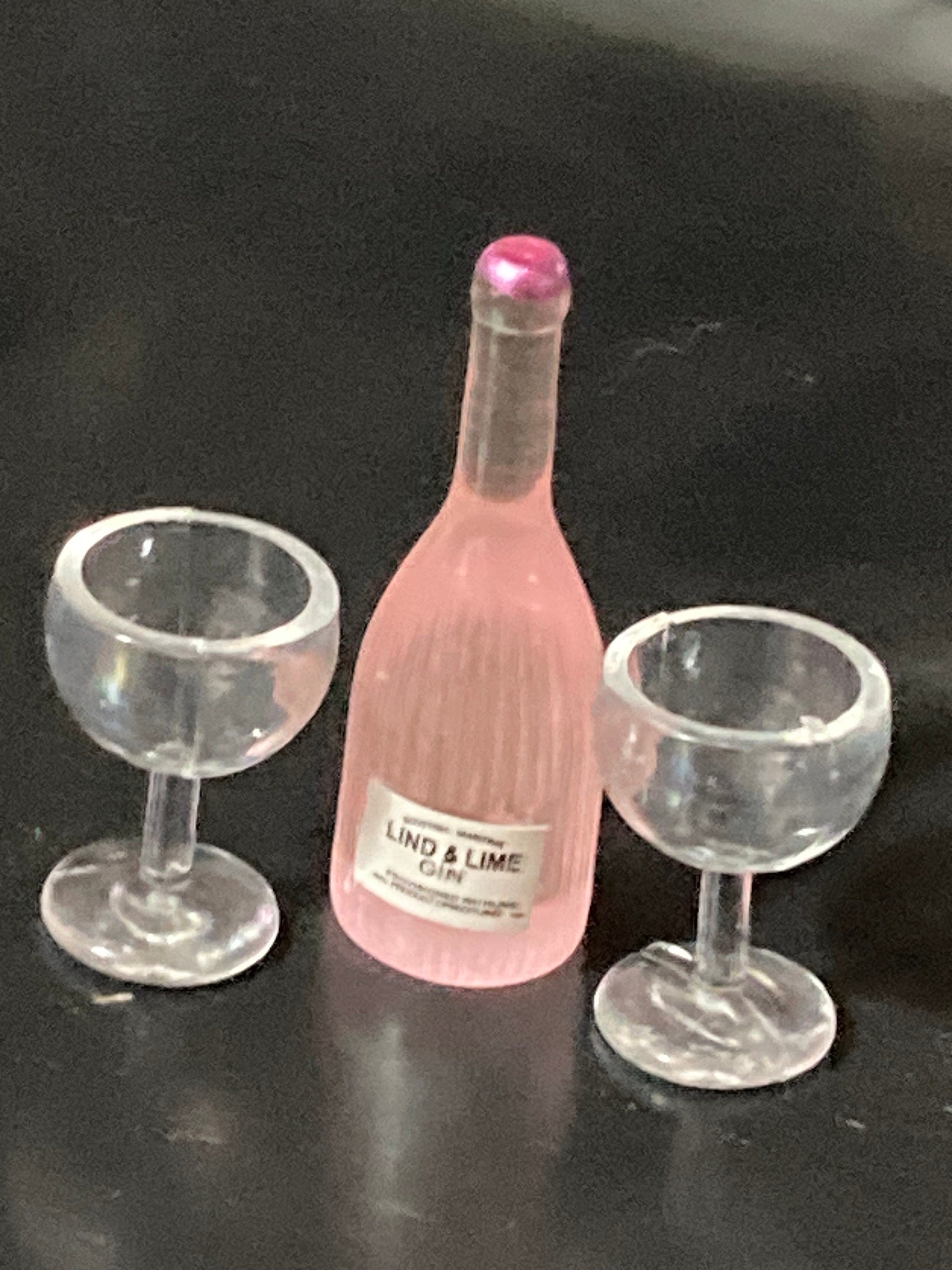 Miniature pink gin bottle and two glasses cake topper dollhouses naughty elf prop