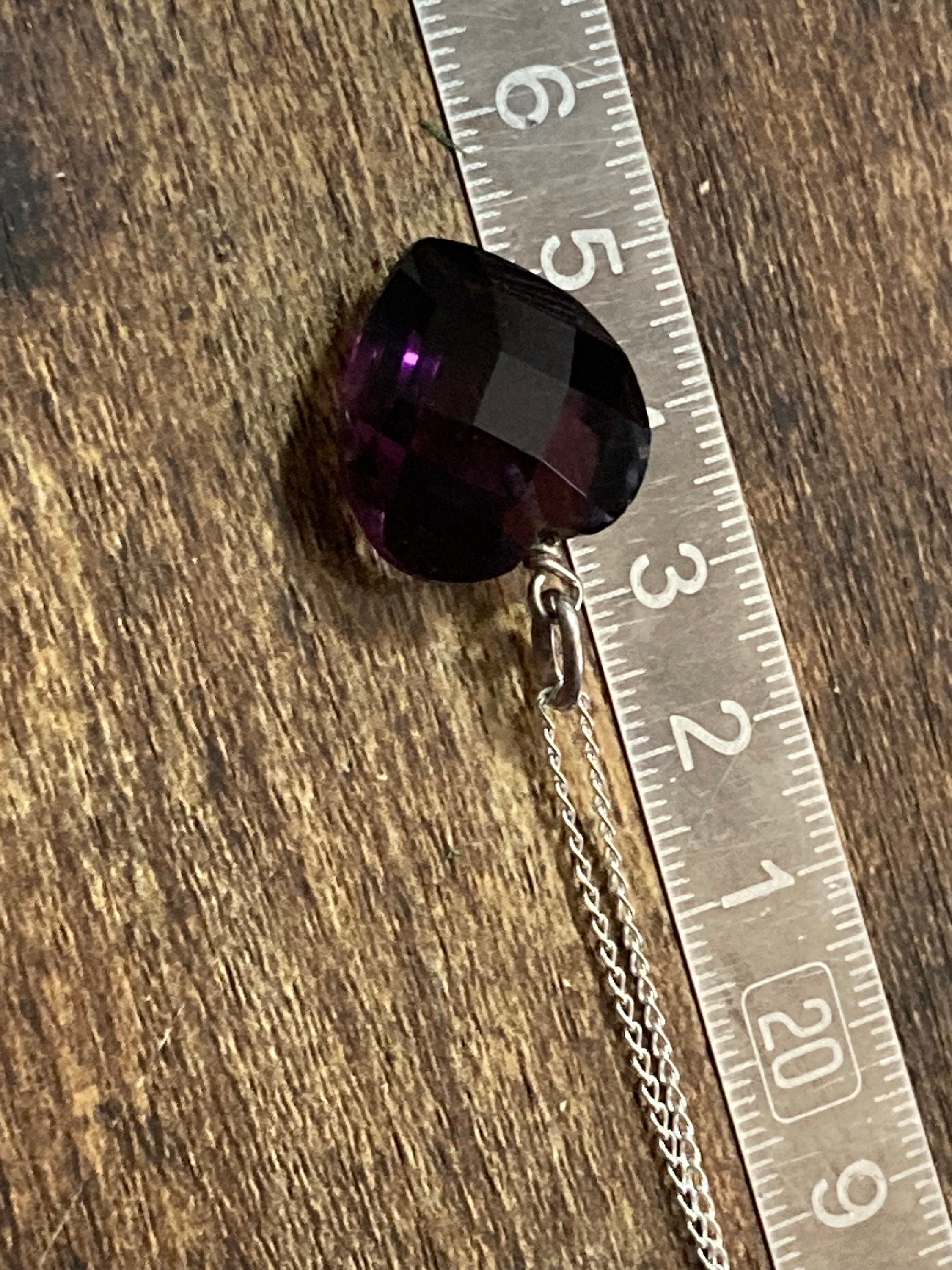 Purple amethyst faceted cut LOVE HEART gemstone pendant sterling 925 silver on 46cm fine chain