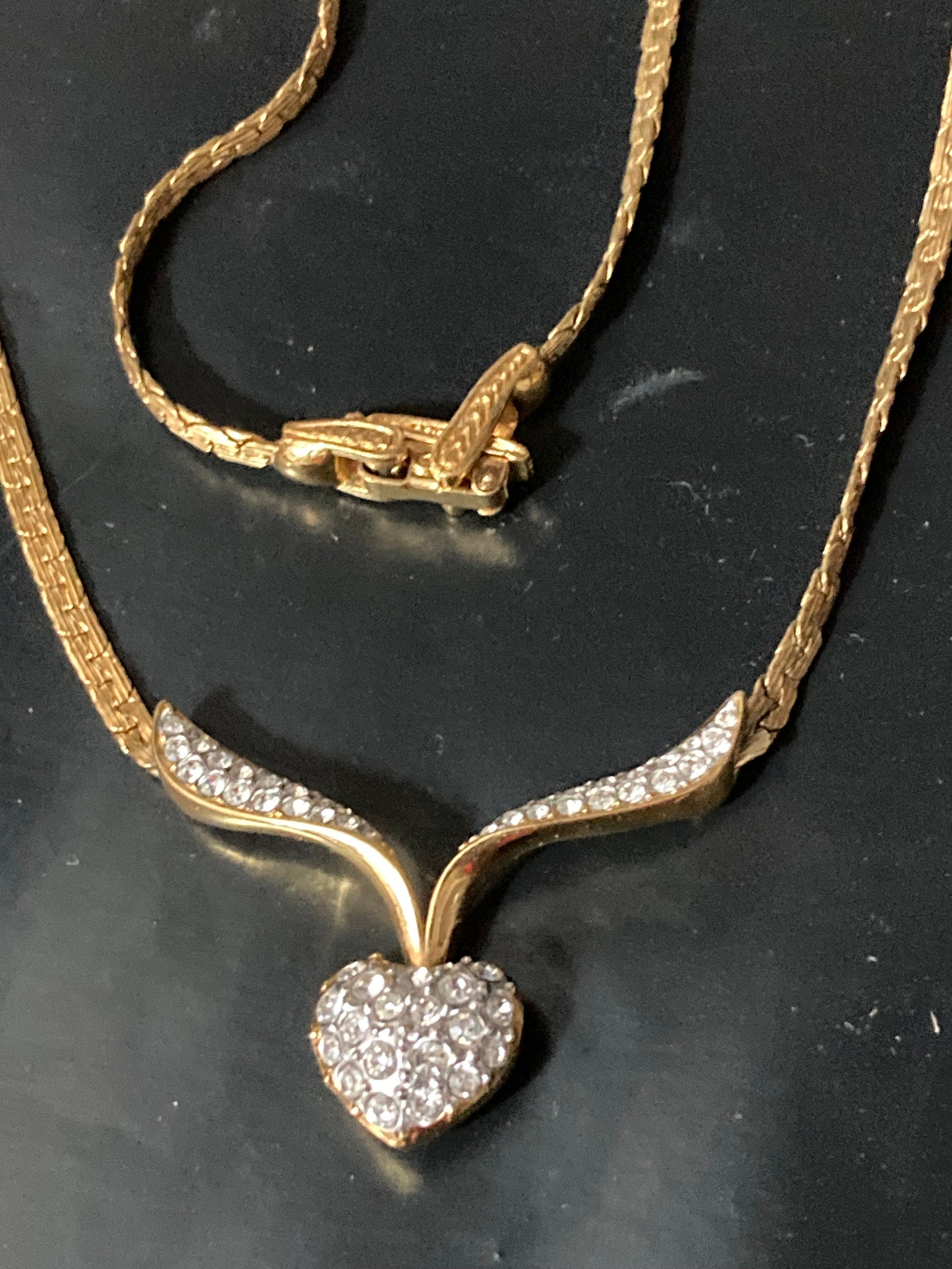 Signed A&S Attwood and Sawyer diamanté rhinestone clear crystal heart necklace gold tone