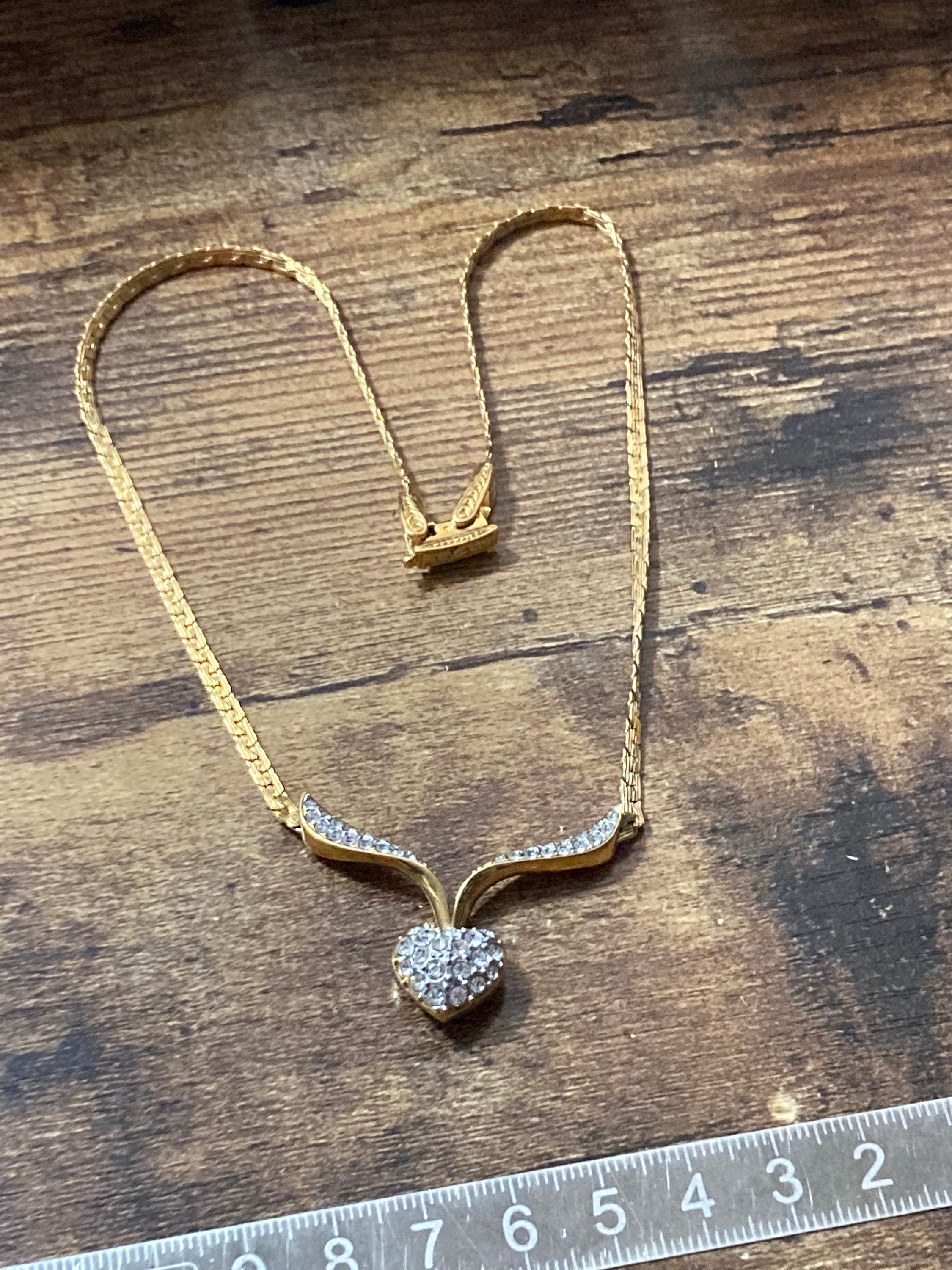 Signed A&S Attwood and Sawyer diamanté rhinestone clear crystal heart necklace gold tone