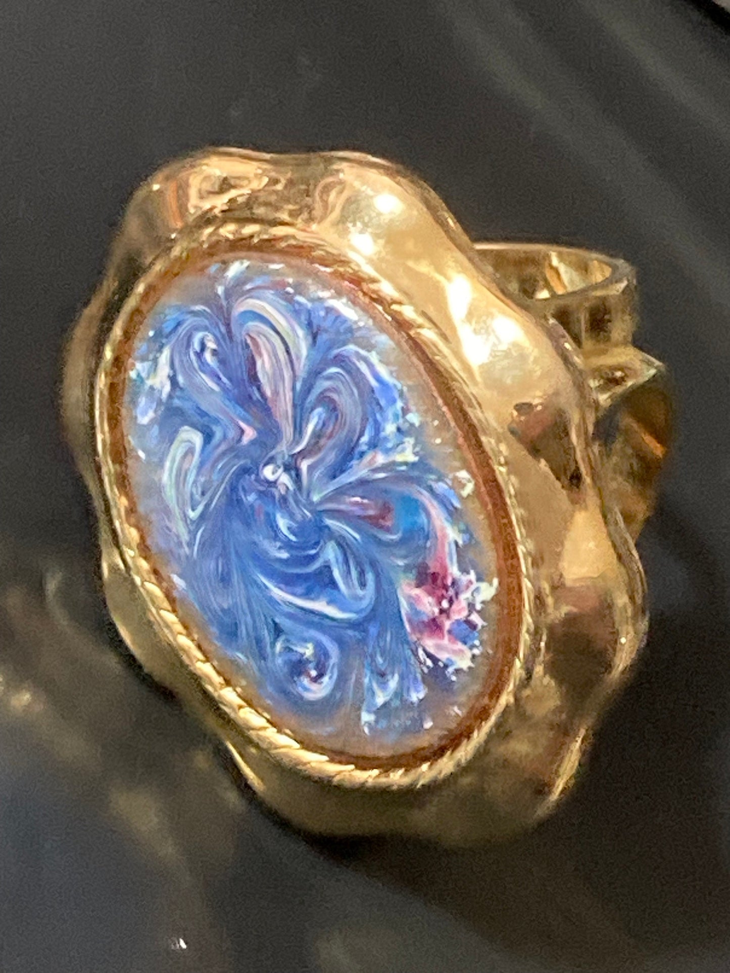 Scarf Ring with blue marbled ceramic cabochon gold tone