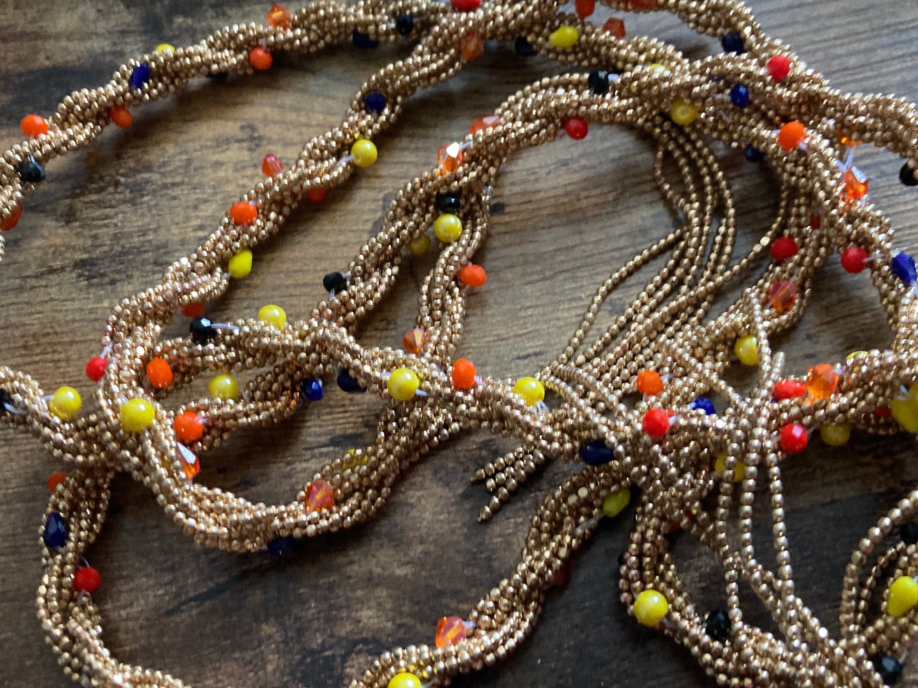 Retro gold tone orange yellow blue glass seed bead 140cm tassel knot necklace or beaded belt