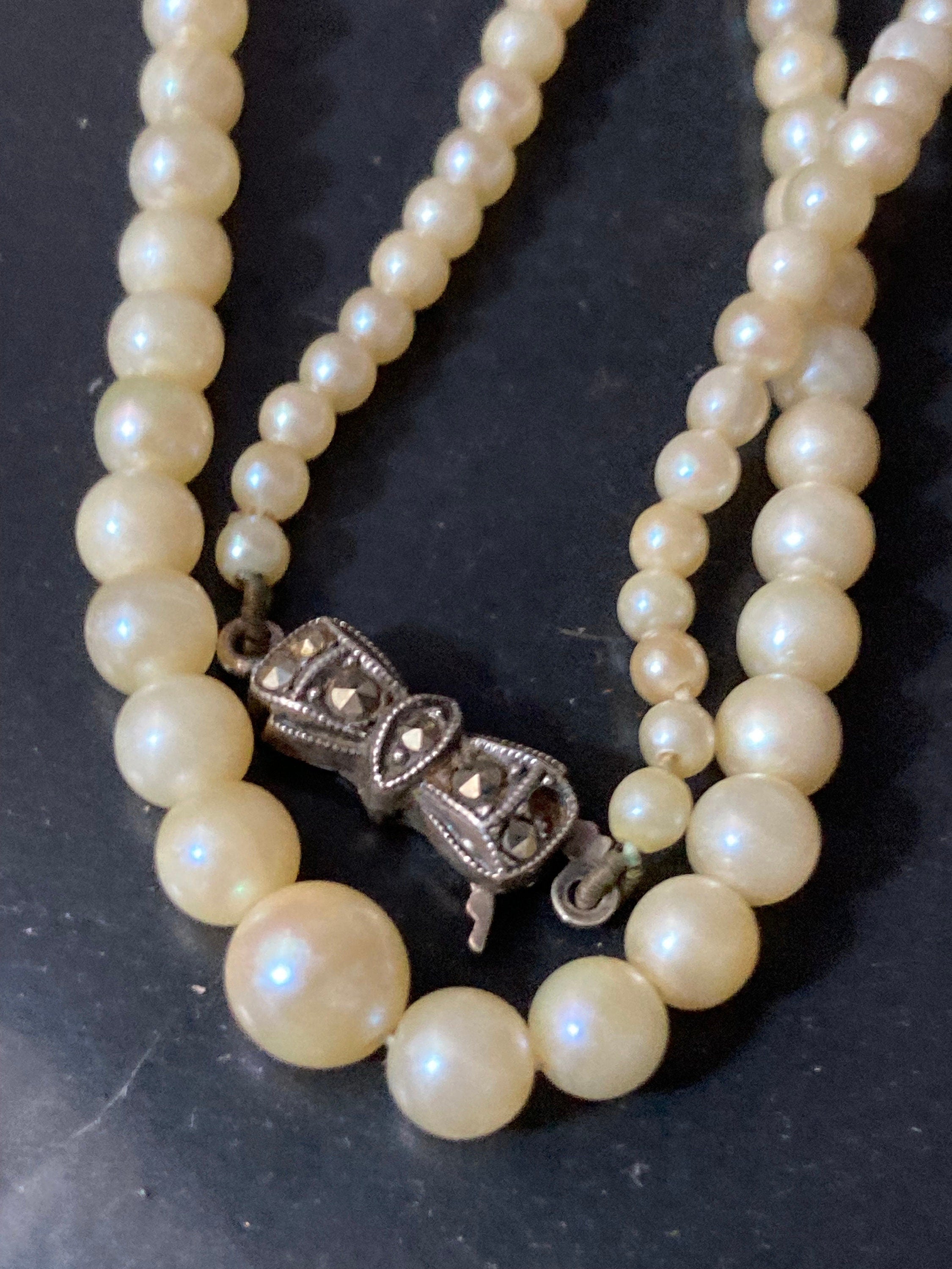 vintage single strand cream cultured pearl necklace with 925 sterling silver marcasite clasp 42.5cm