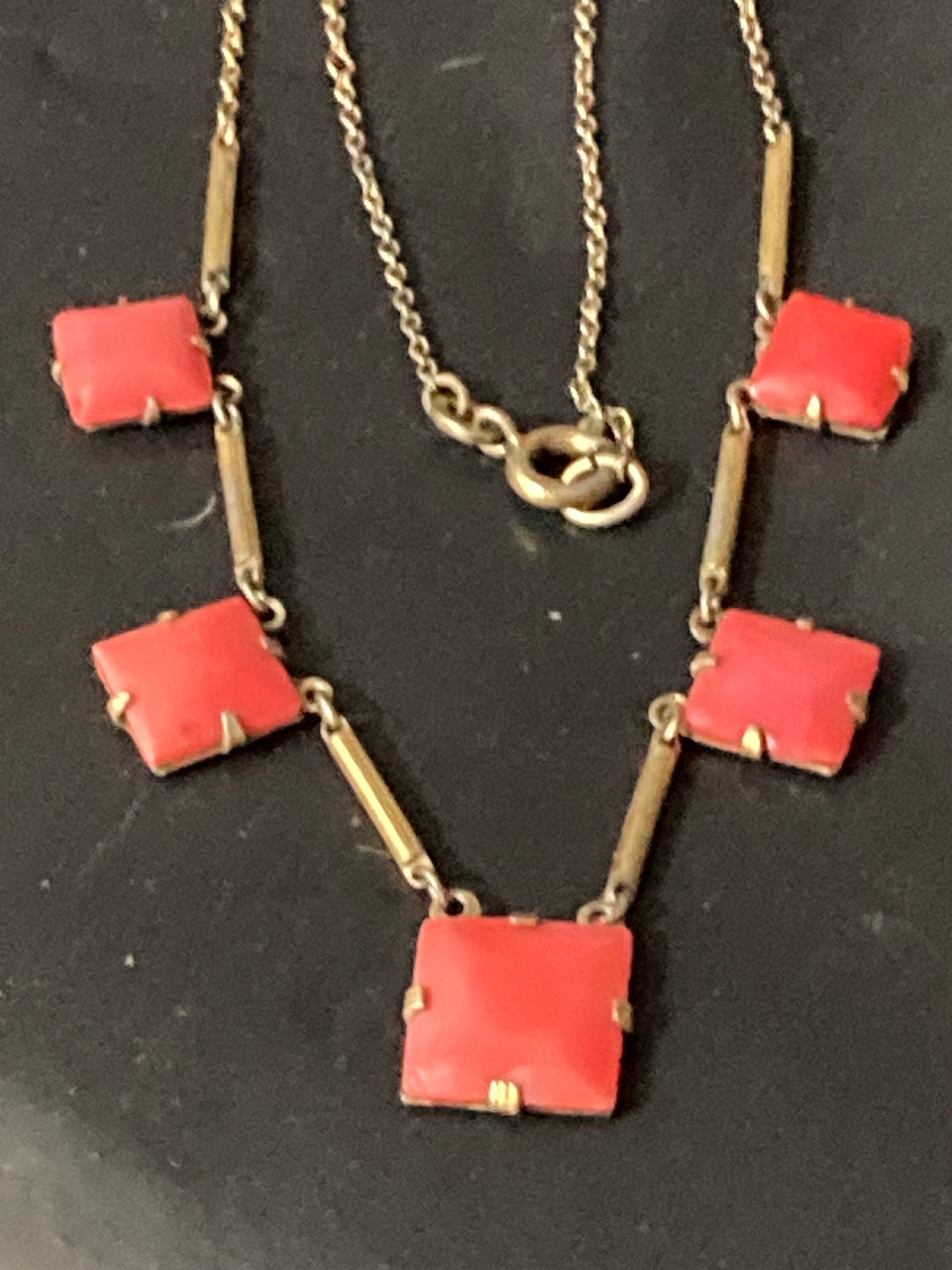 Vintage true art deco gilt metal coral square bezel set necklace