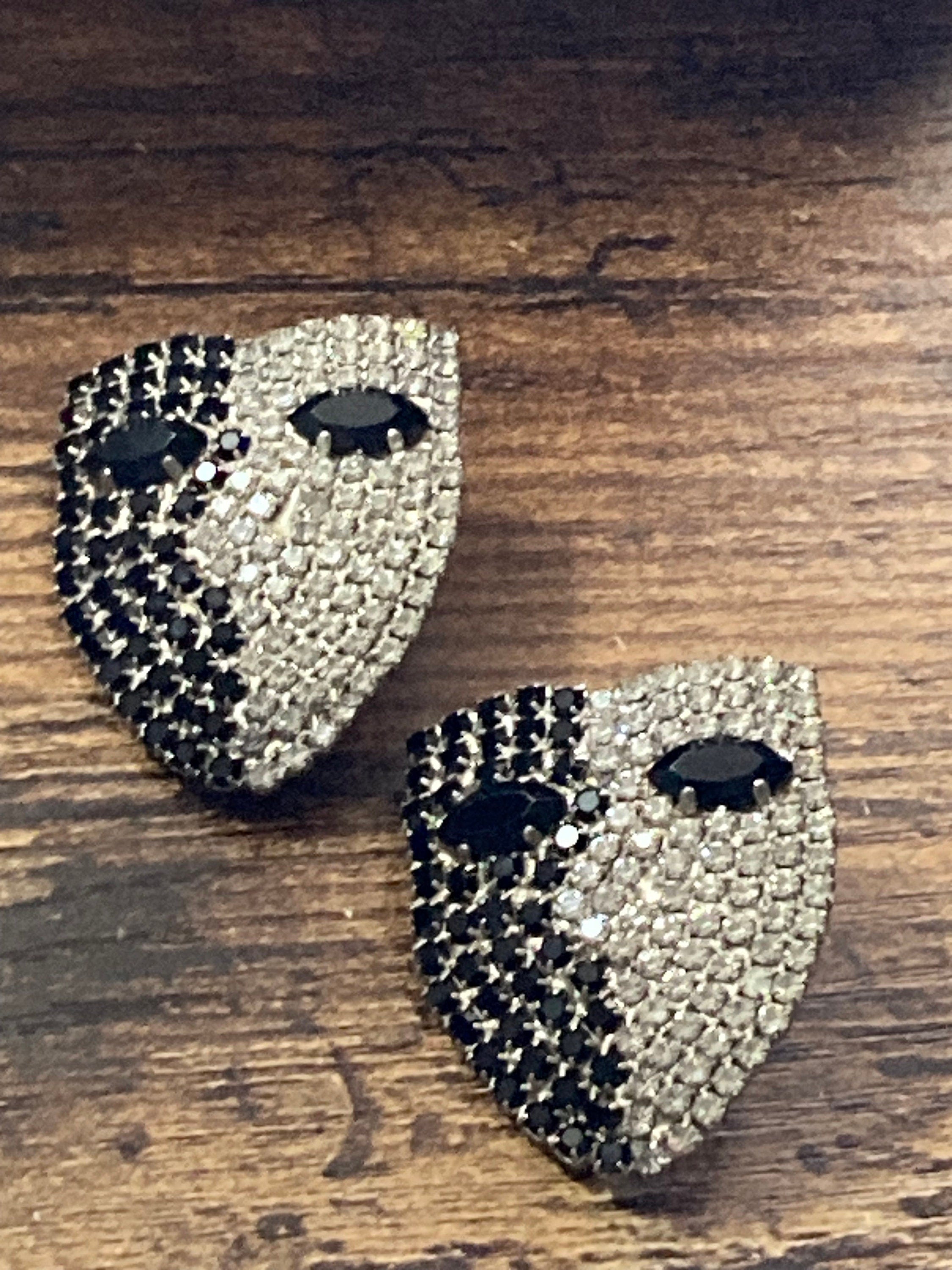 Vintage silver tone black and clear diamanté faces stud earrings for pierced ears monochrome