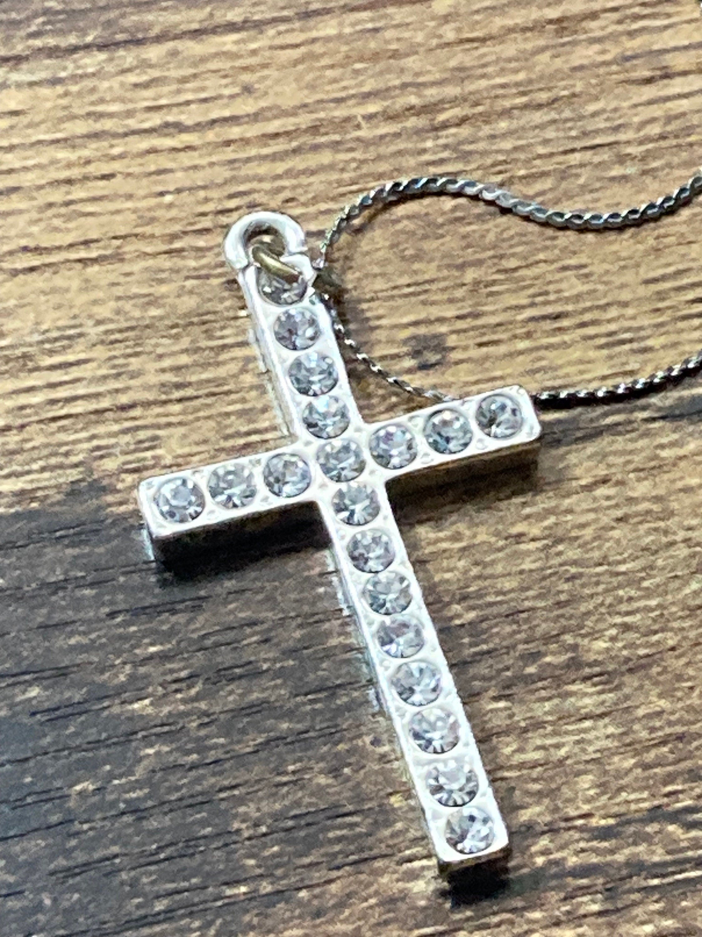 Retro Silver Tone diamanté cross pendant Necklace on 48cm stainless steel chain