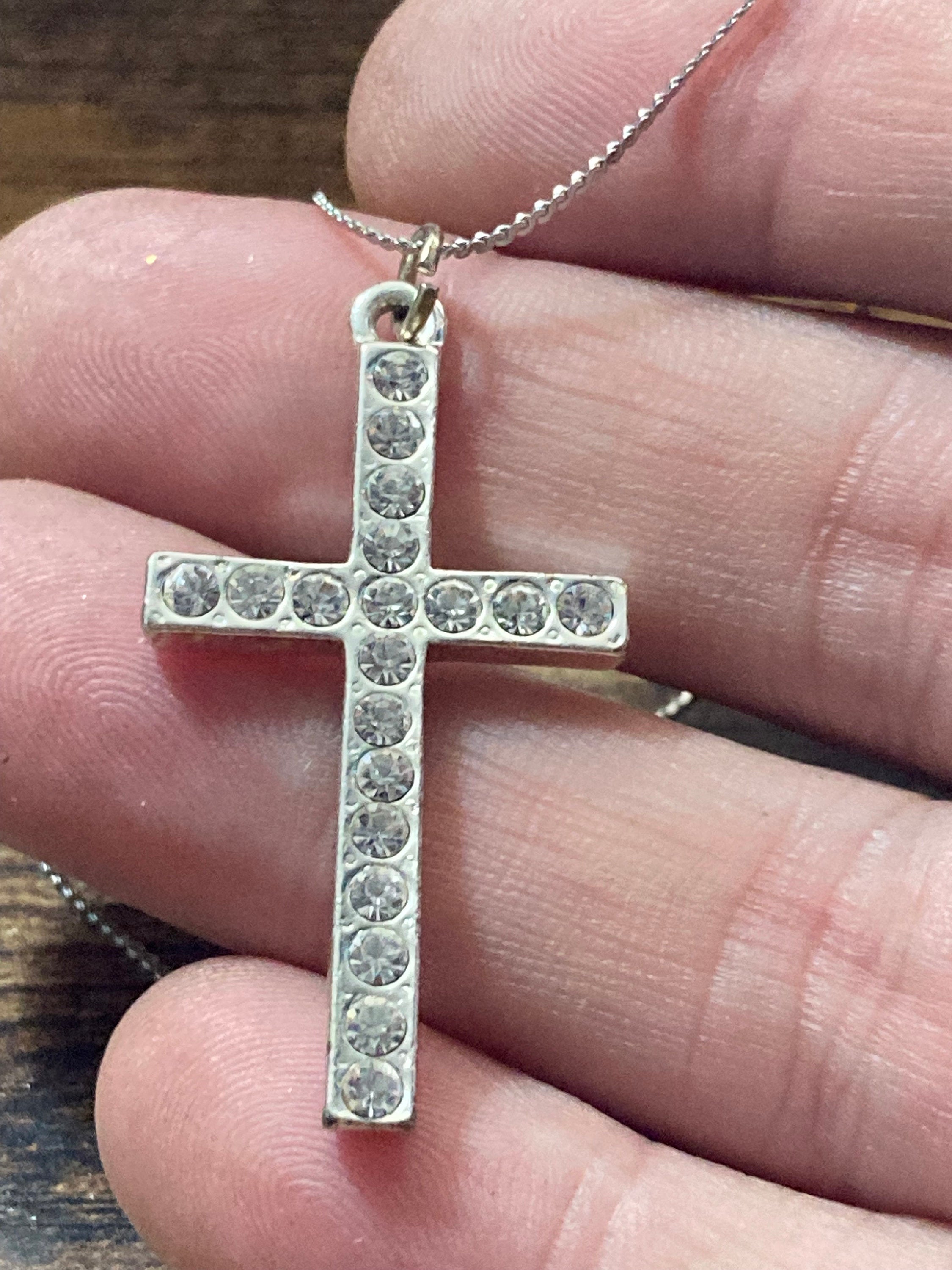 Retro Silver Tone diamanté cross pendant Necklace on 48cm stainless steel chain