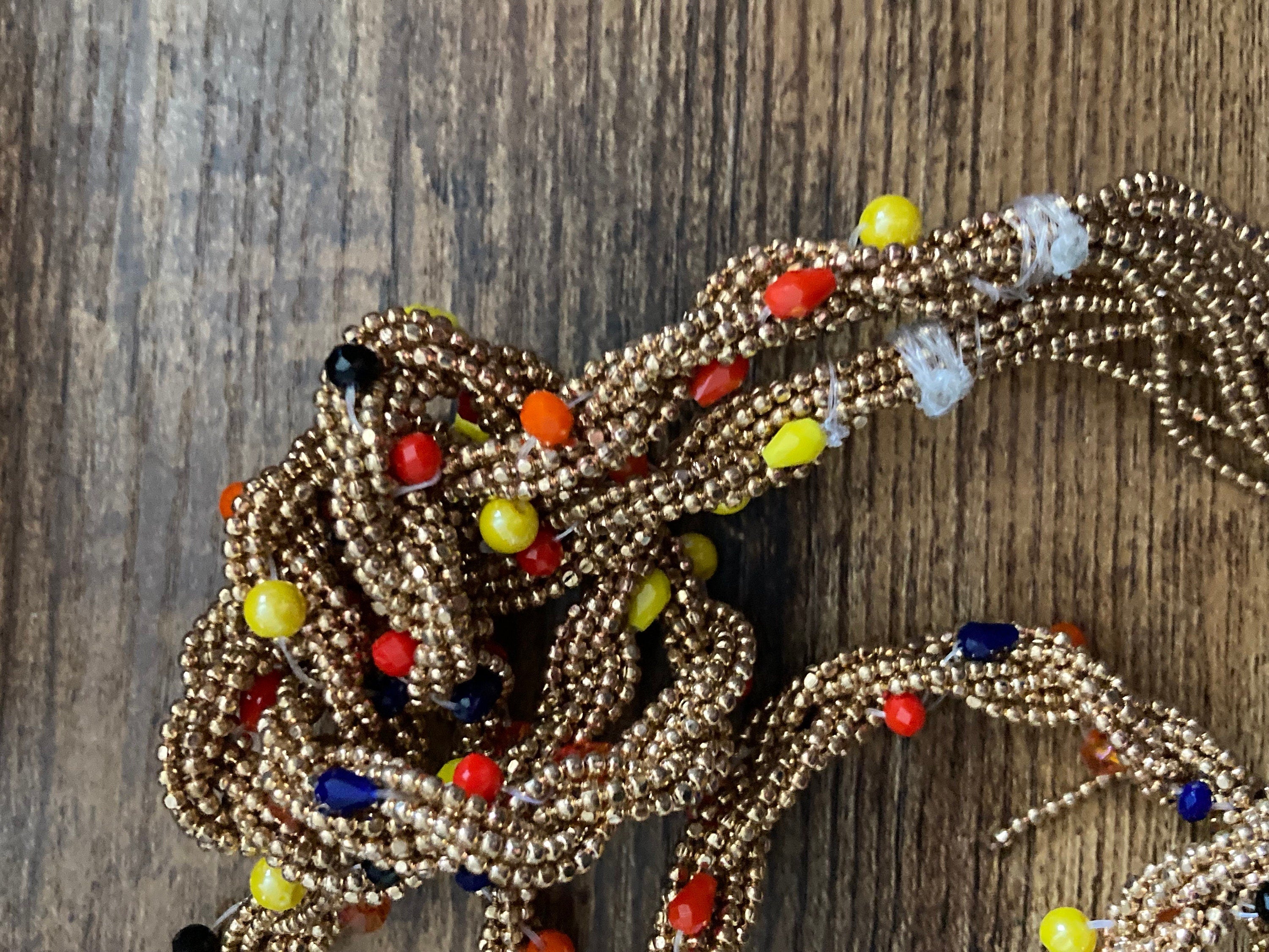 Retro gold tone orange yellow blue glass seed bead 140cm tassel knot necklace or beaded belt