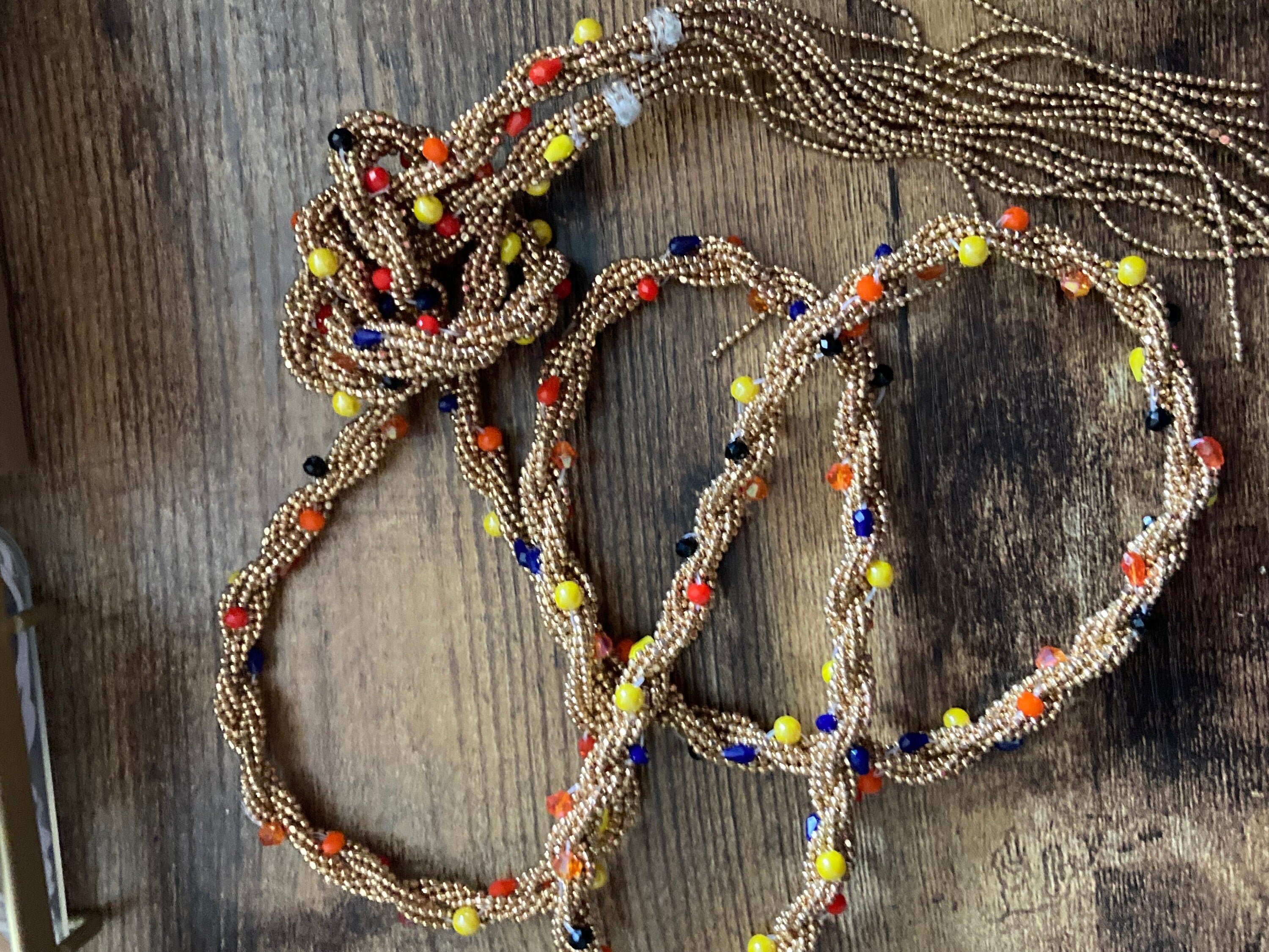 Retro gold tone orange yellow blue glass seed bead 140cm tassel knot necklace or beaded belt