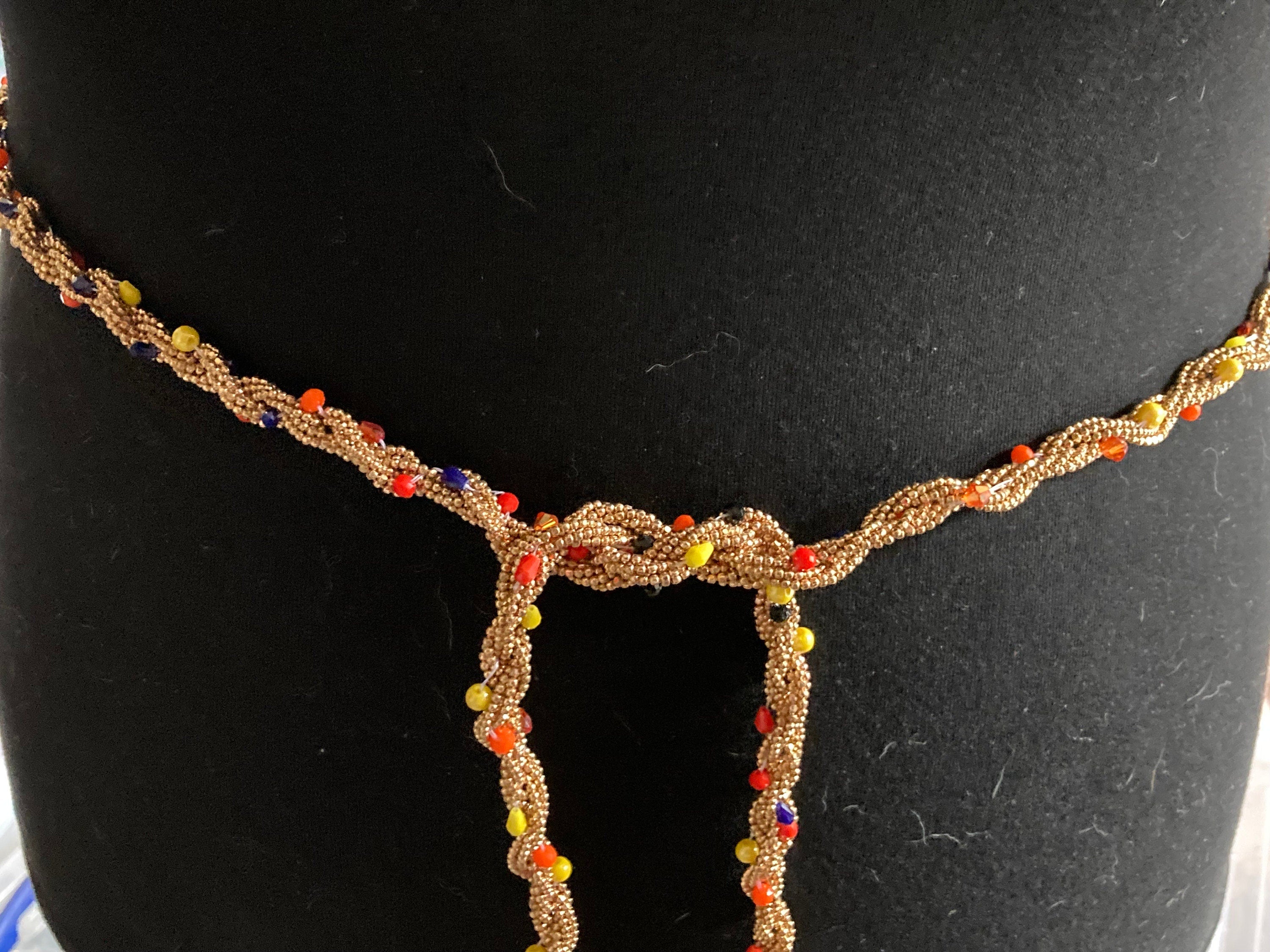 Retro gold tone orange yellow blue glass seed bead 140cm tassel knot necklace or beaded belt