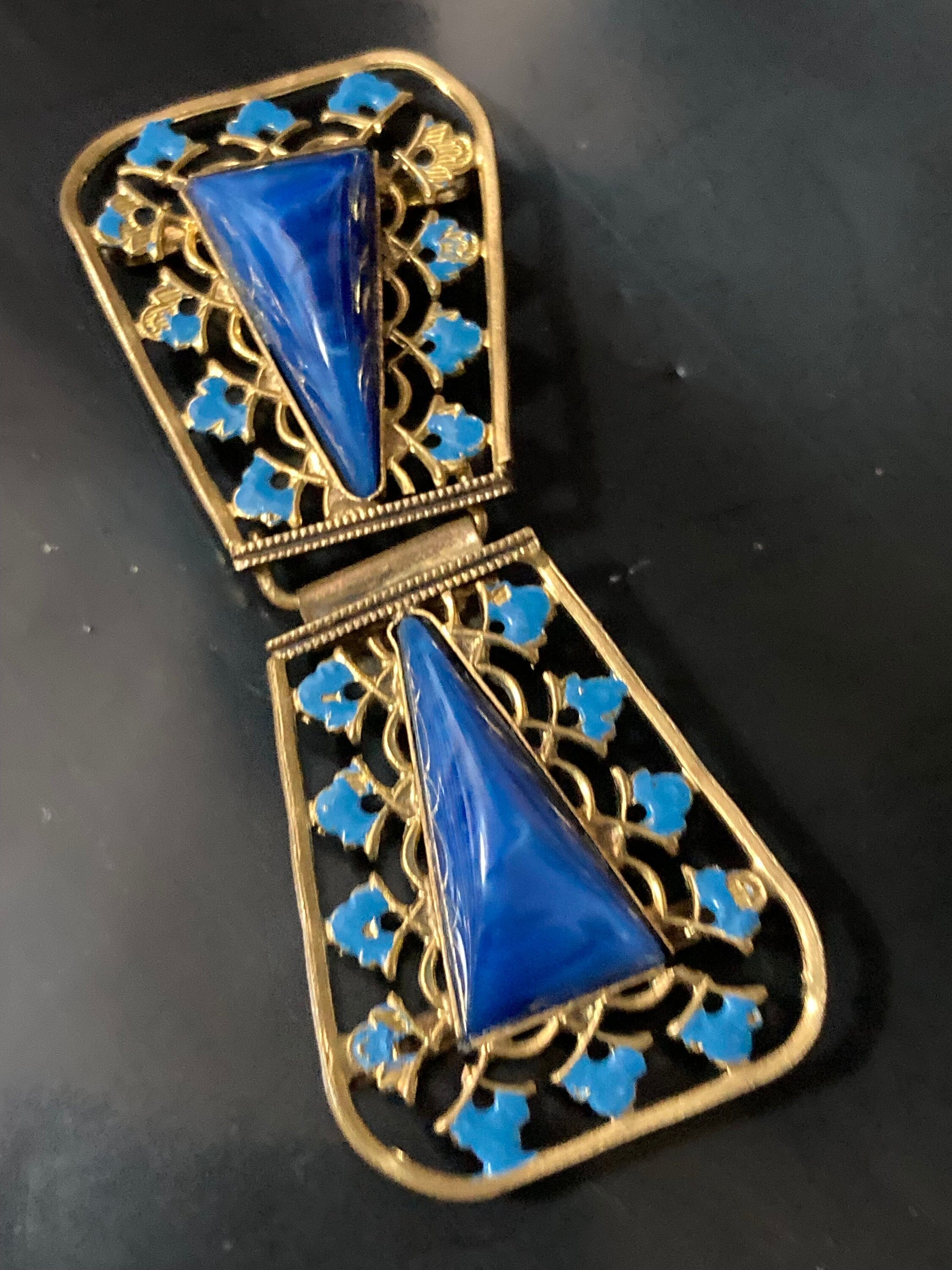 Gilt brass Belt buckle,glass stones. 2-piece. 1930s, Czechoslovkia. j- –  Earthly Adornments