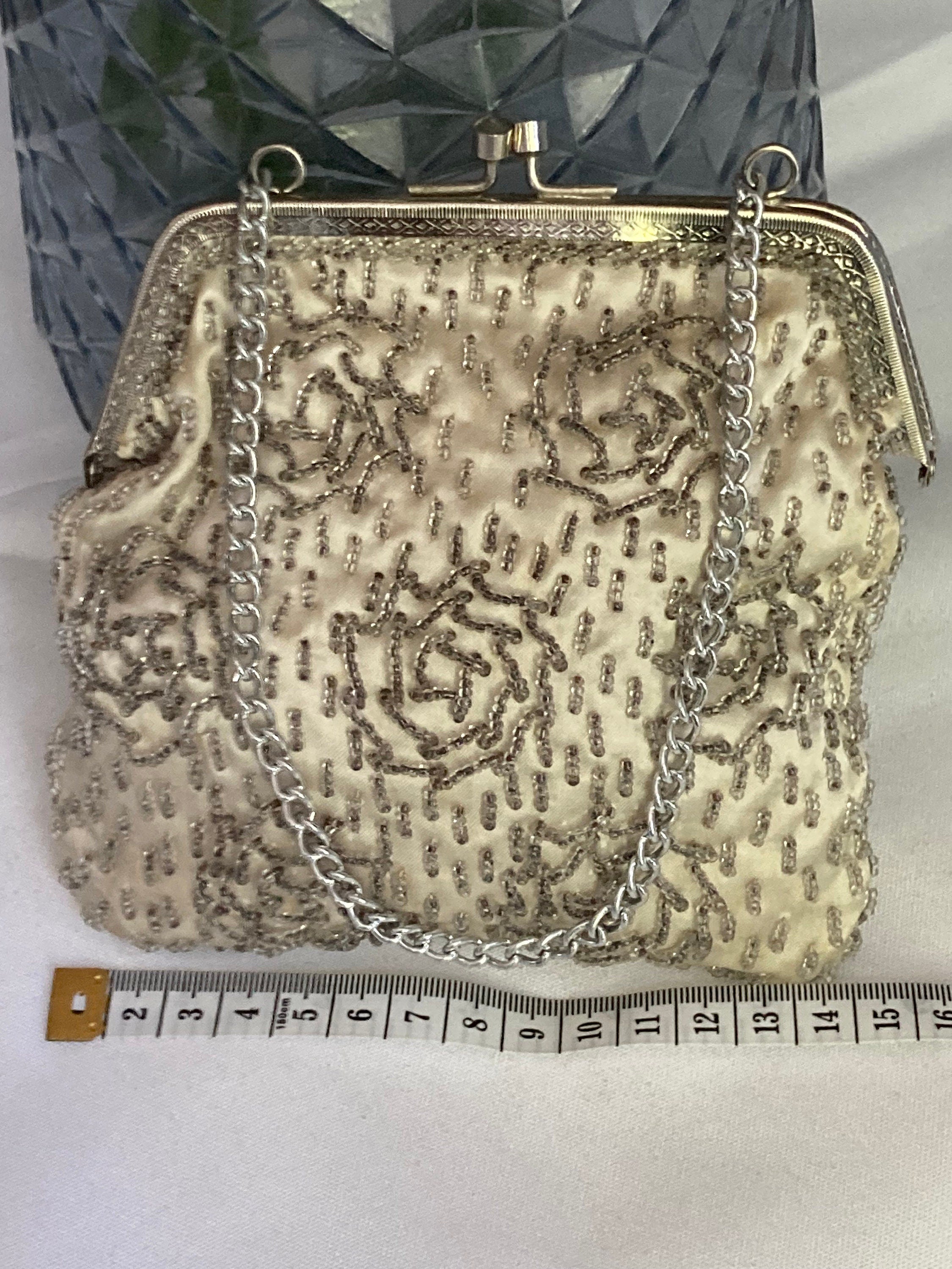 Vintage oyster cream satin with silver seed bead work beaded Evening Purse Bag