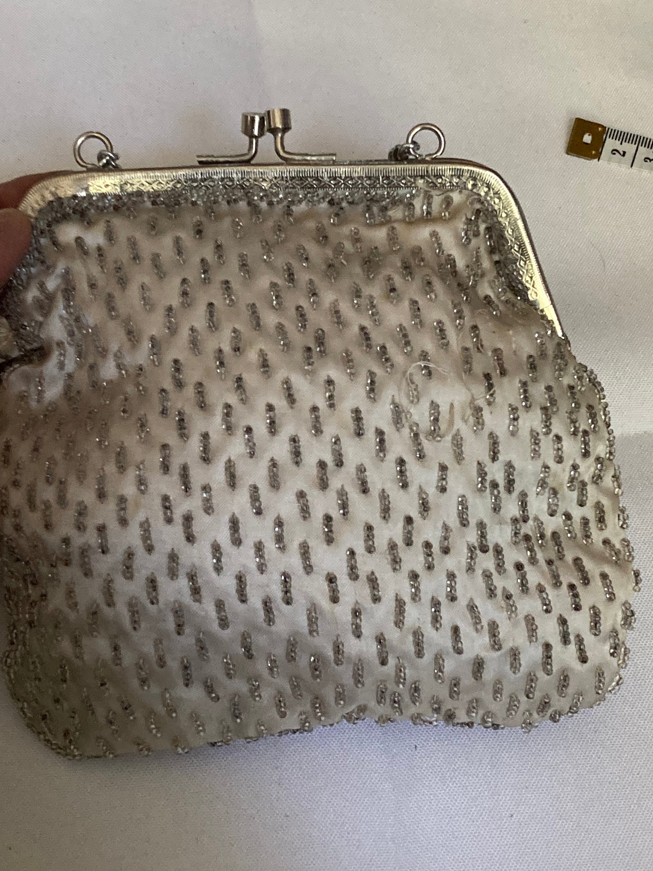 Vintage oyster cream satin with silver seed bead work beaded Evening Purse Bag