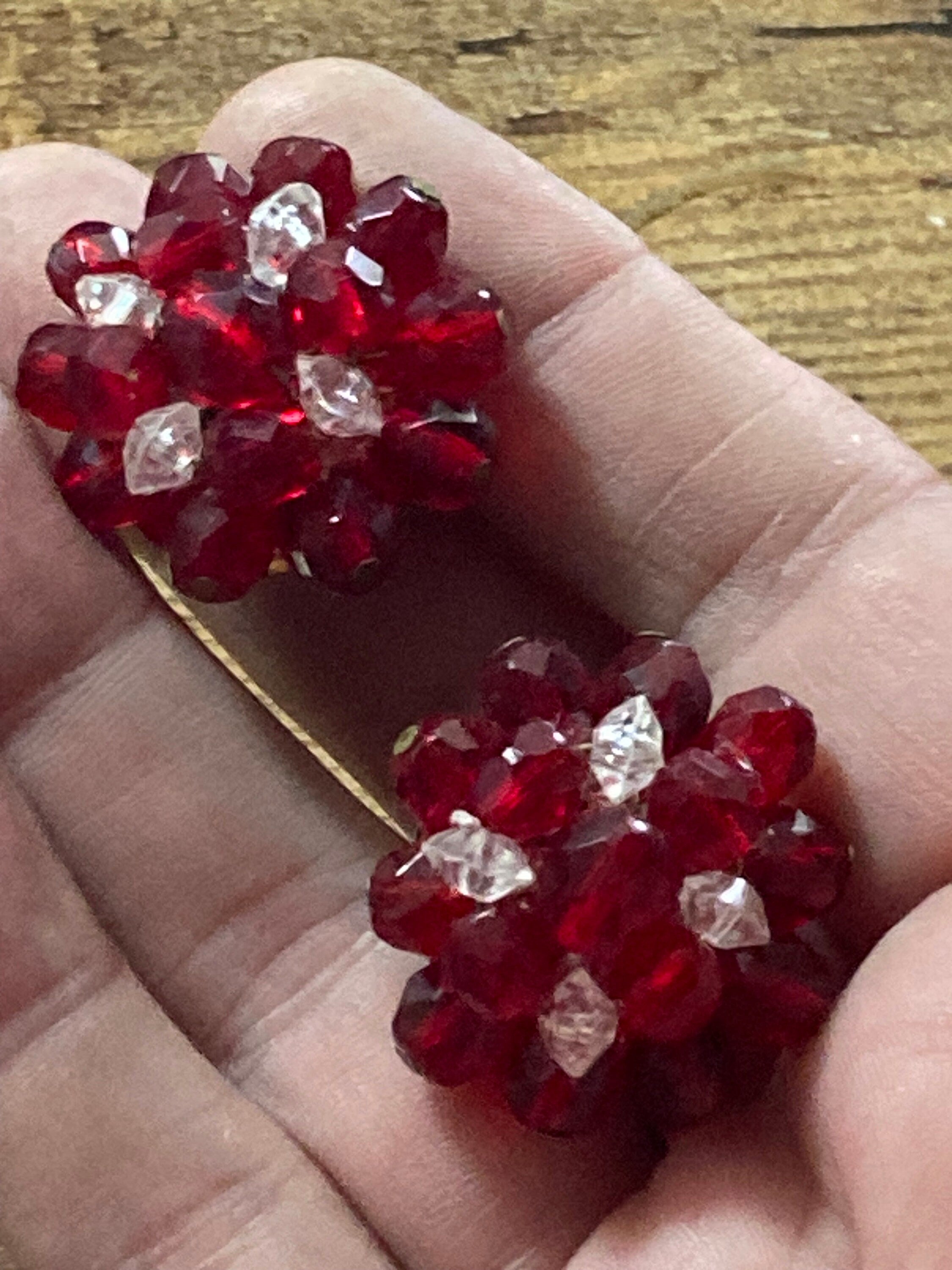 Signed WEST GERMANY Vintage red and clear glass beaded Cluster Clip On Earrings