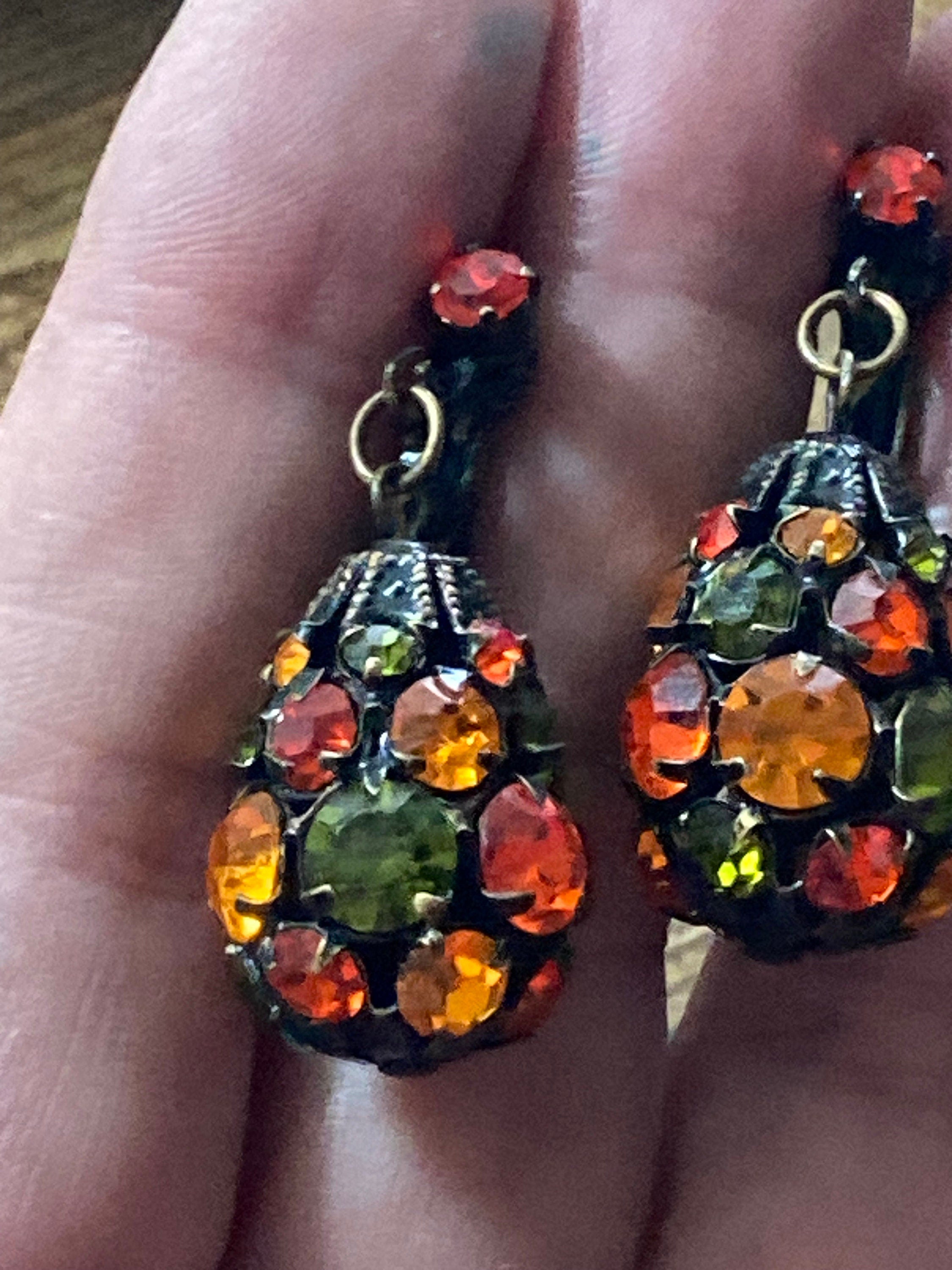 Vintage orange green uranium uv rhinestone diamanté teardrop Clip on drop earrings