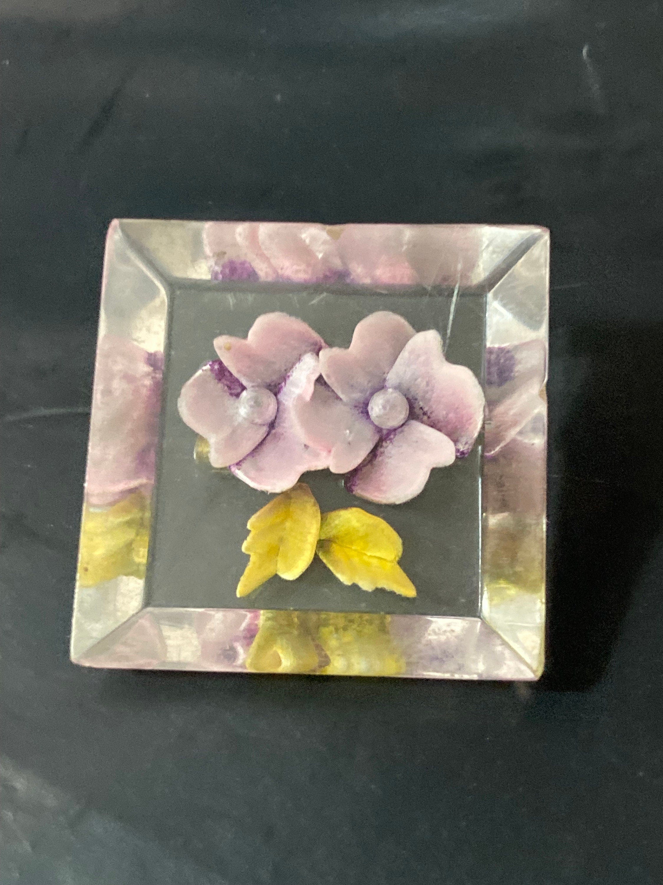 1940s lucite reverse carved lilac purple floral flower brooch early plastic perspex