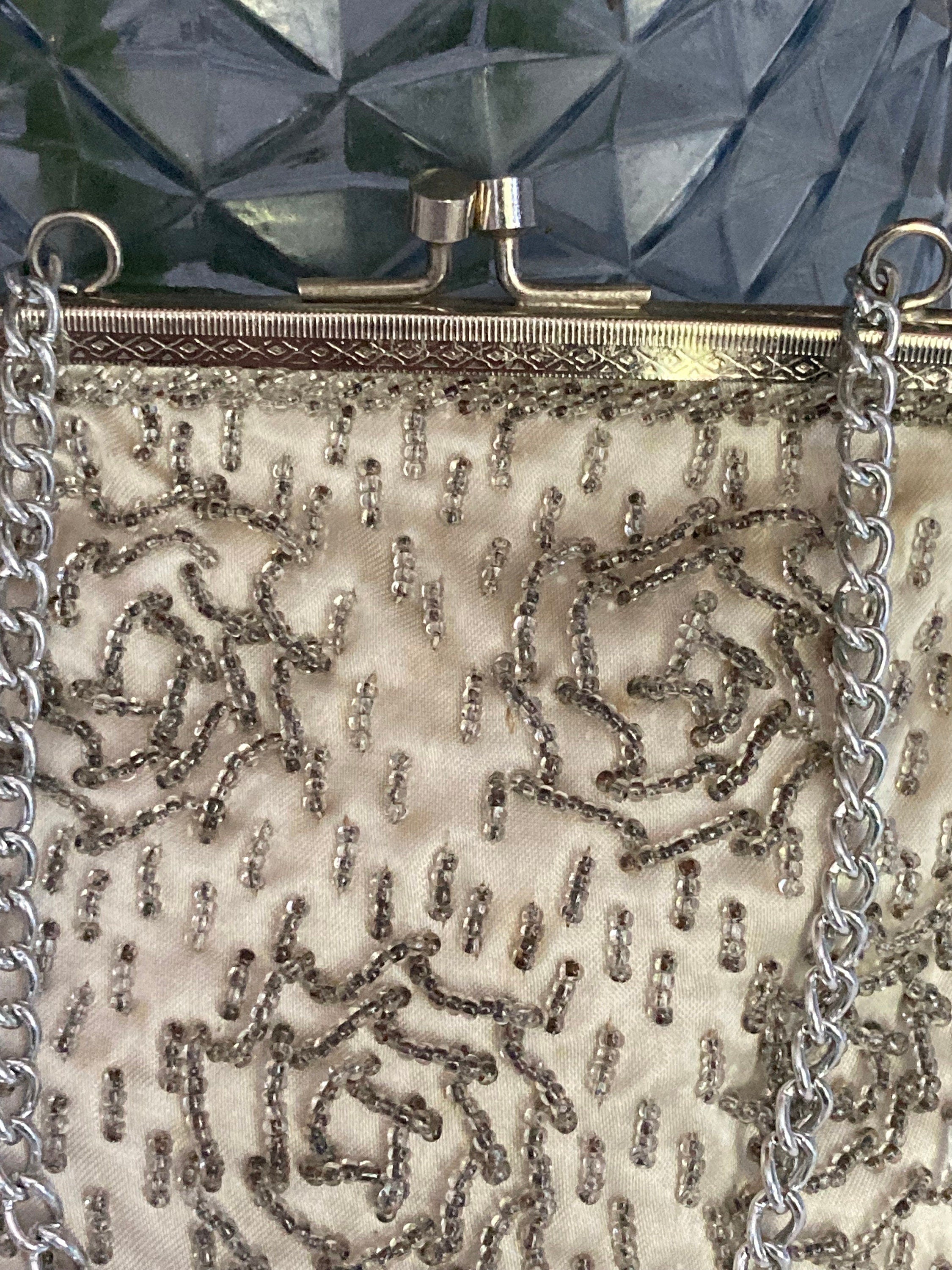 Vintage oyster cream satin with silver seed bead work beaded Evening Purse Bag