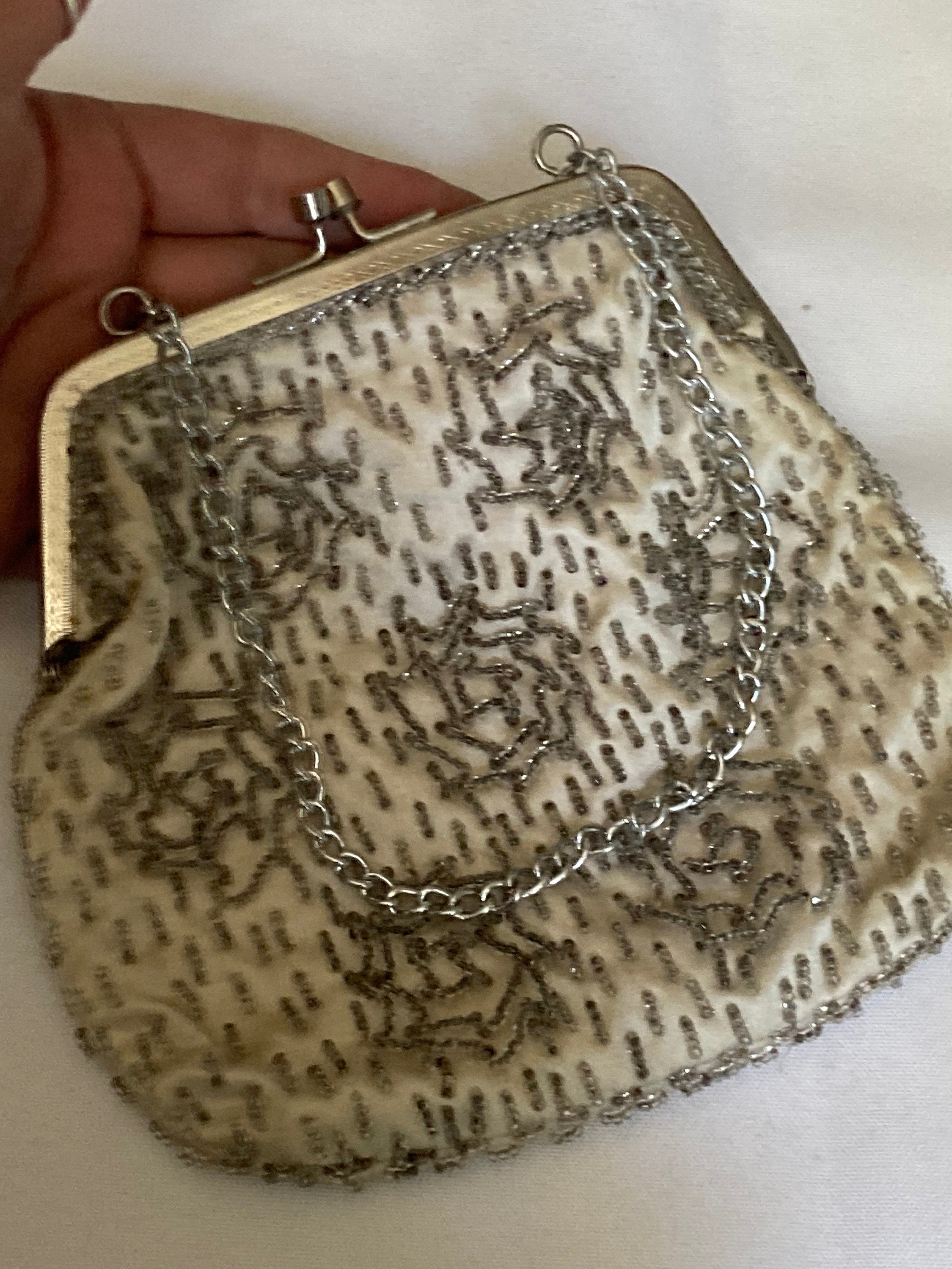 Vintage oyster cream satin with silver seed bead work beaded Evening Purse Bag