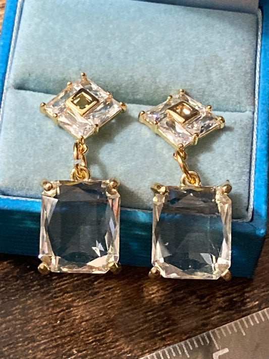 18k Gold plated faceted crystal glass diamanté rectangular drop earrings