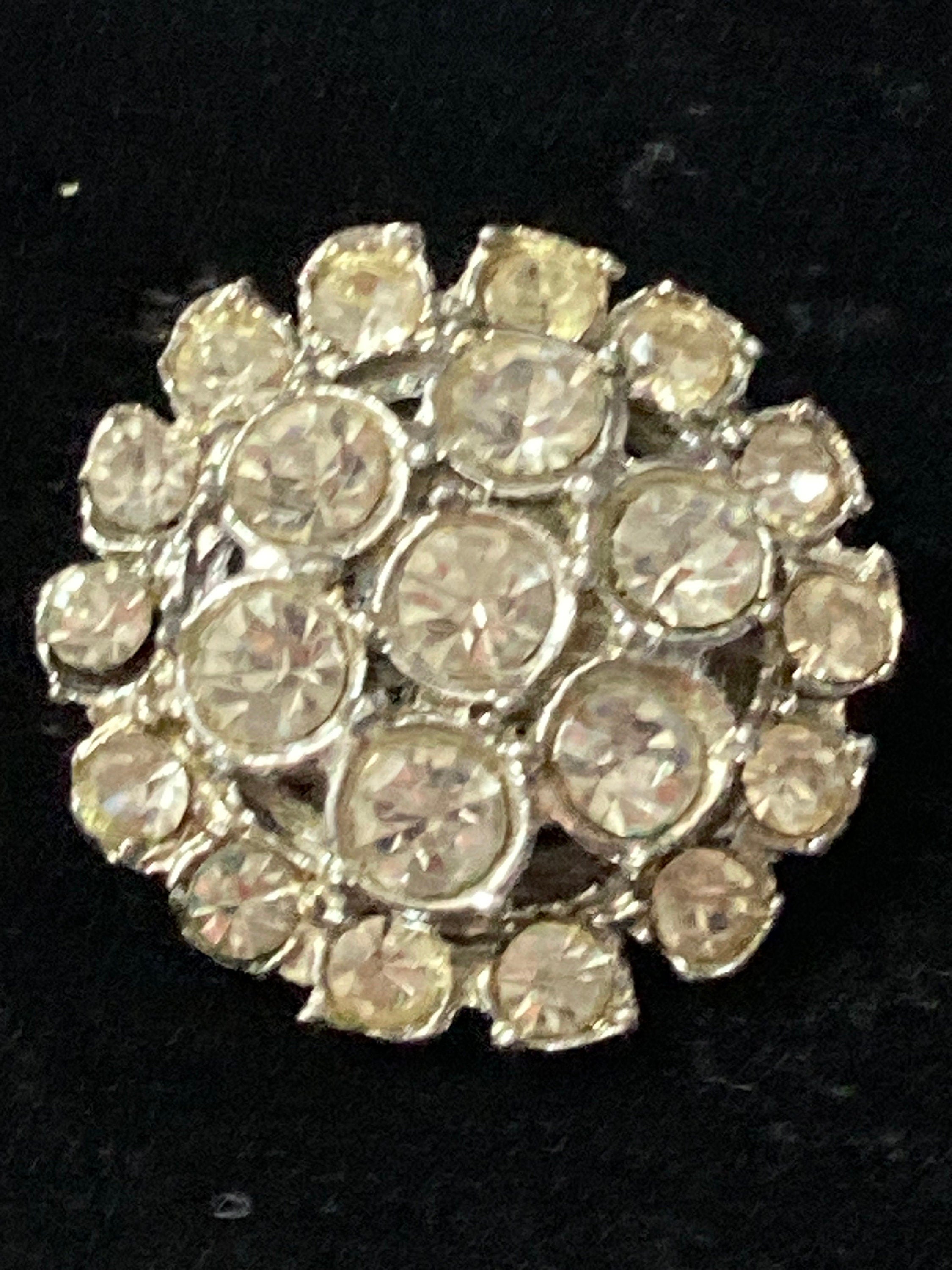 Vintage round paste glass clear Diamanté silver tone Brooch