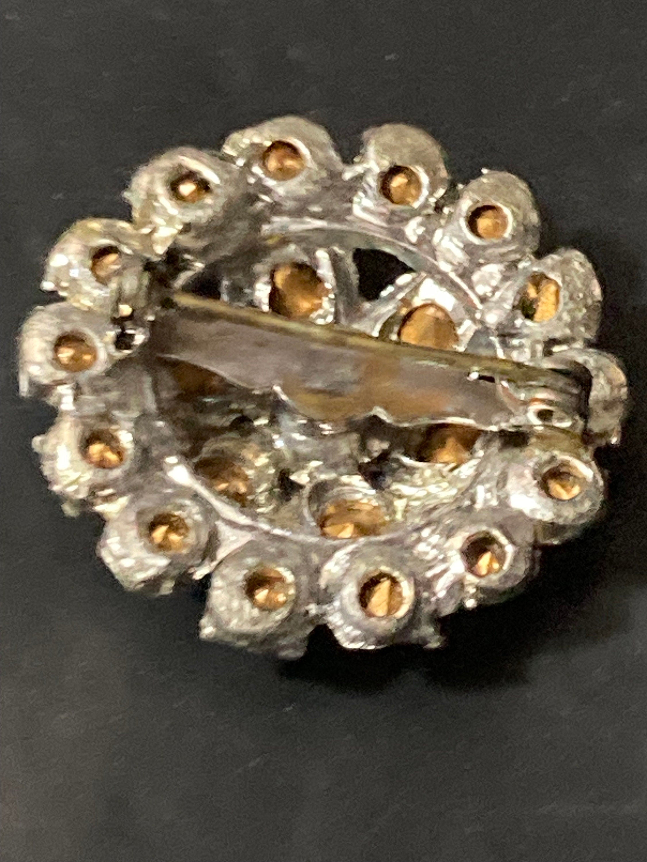 Vintage round paste glass clear Diamanté silver tone Brooch