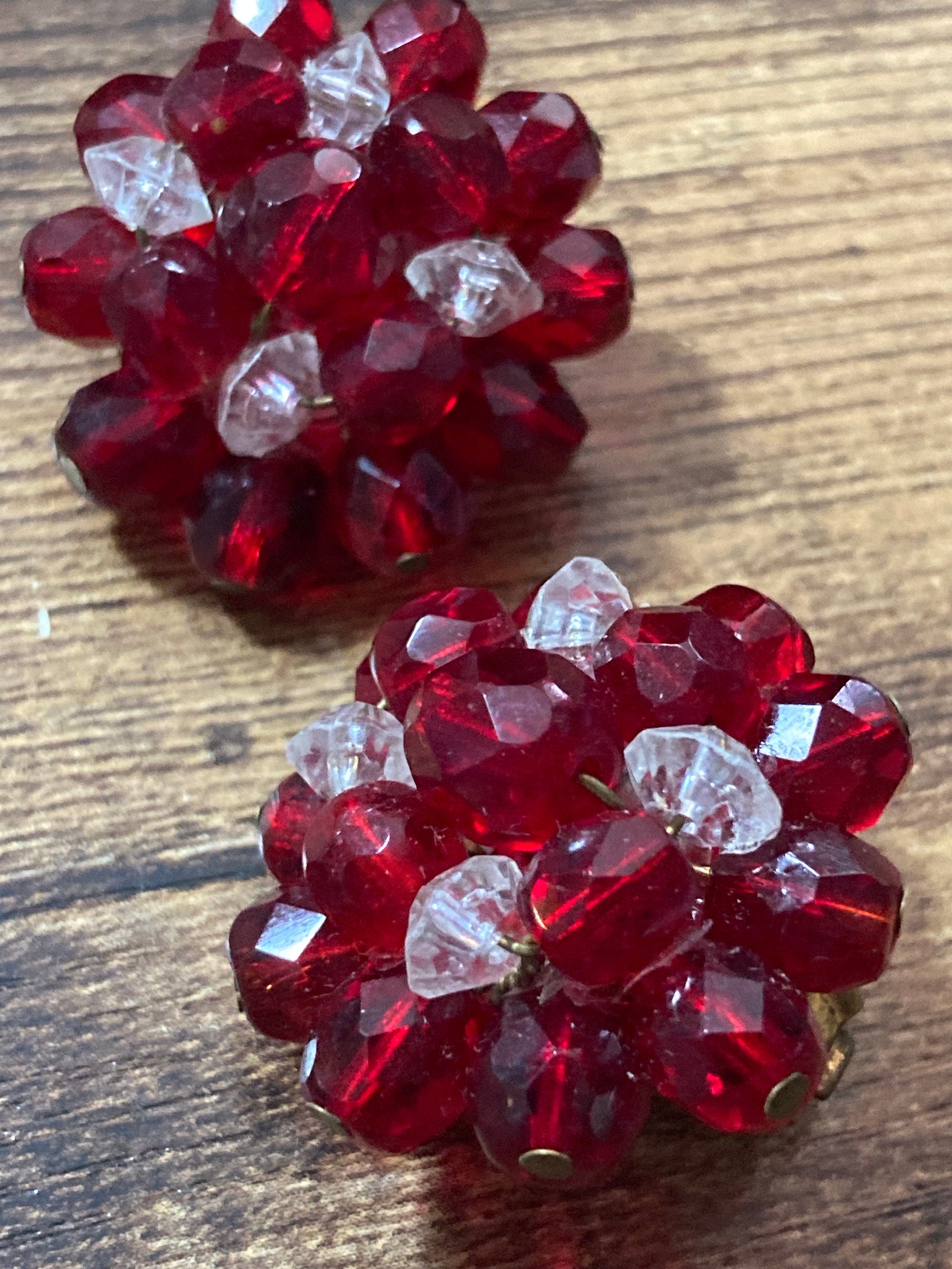 Signed WEST GERMANY Vintage red and clear glass beaded Cluster Clip On Earrings