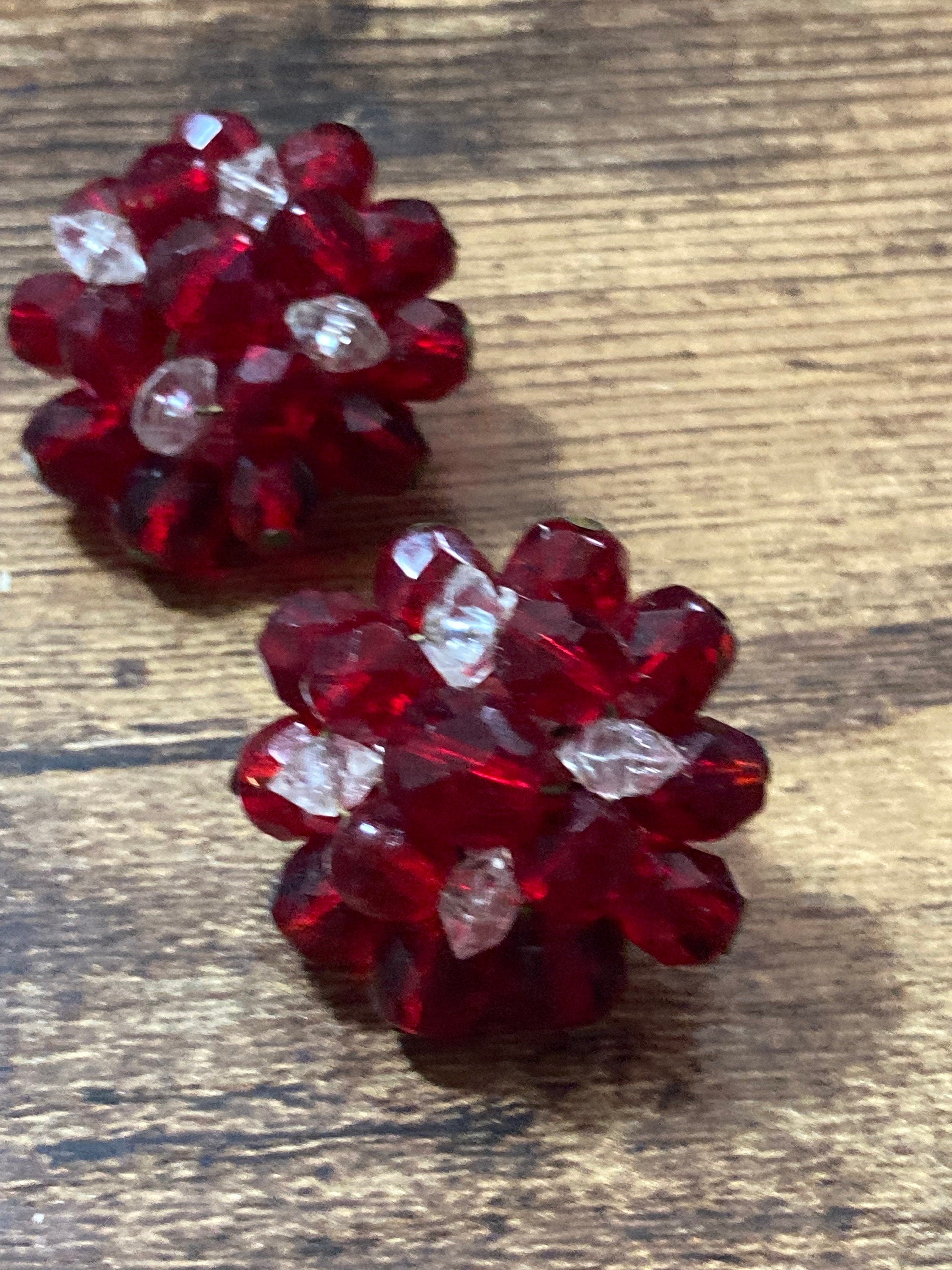 Signed WEST GERMANY Vintage red and clear glass beaded Cluster Clip On Earrings