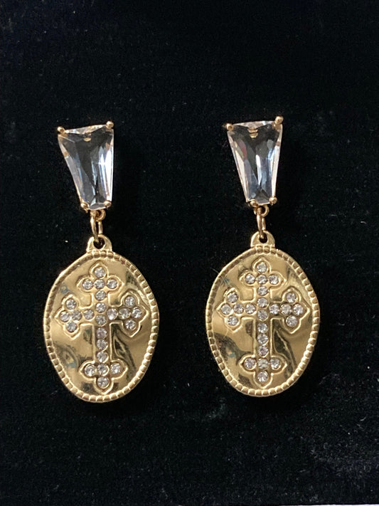 18k gold plated crystal diamanté clear religious cross drop post charm earrings