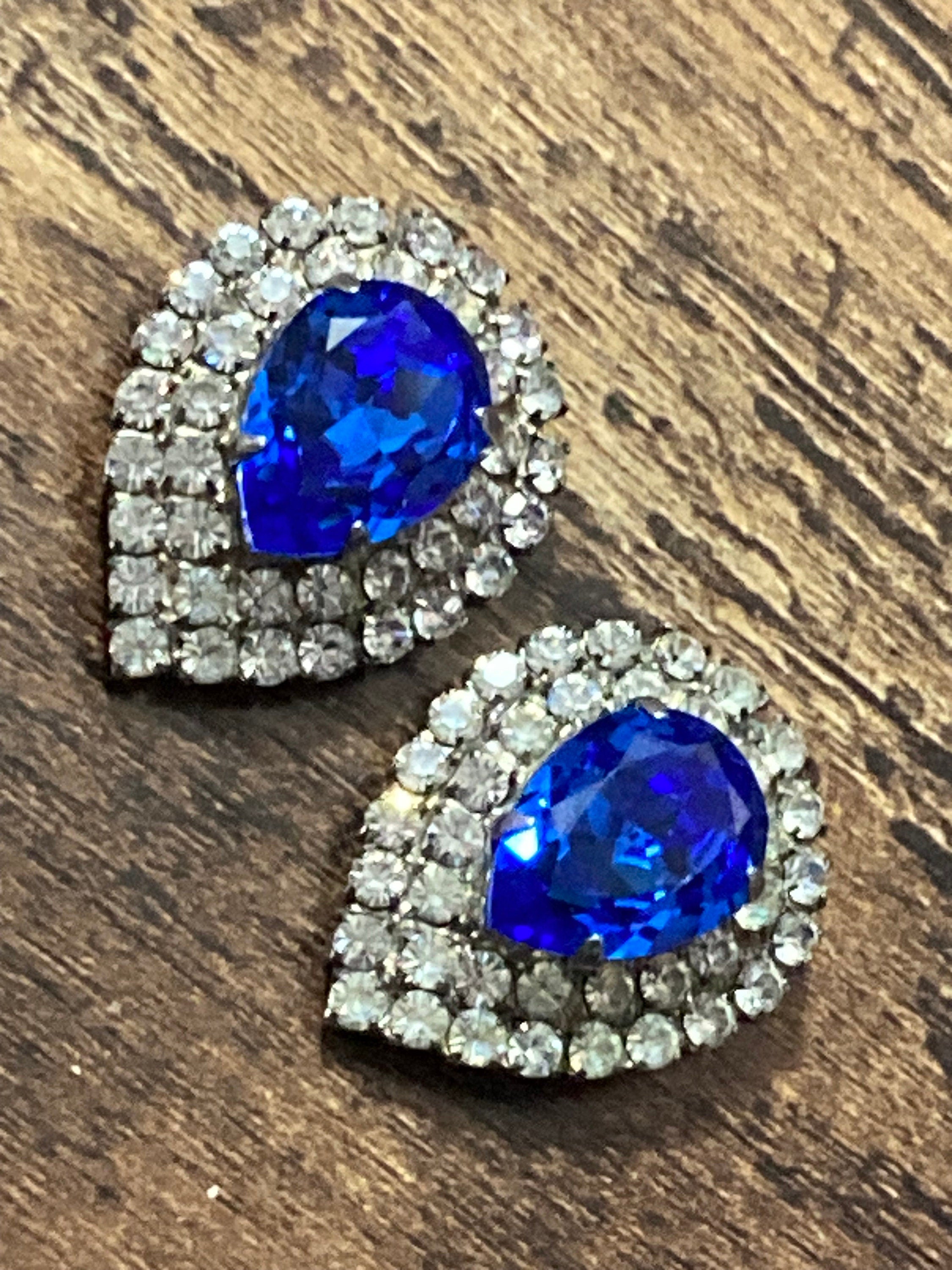 Pair of vintage Dress Clips sapphire blue and clear teardrop Paste Art Deco Style