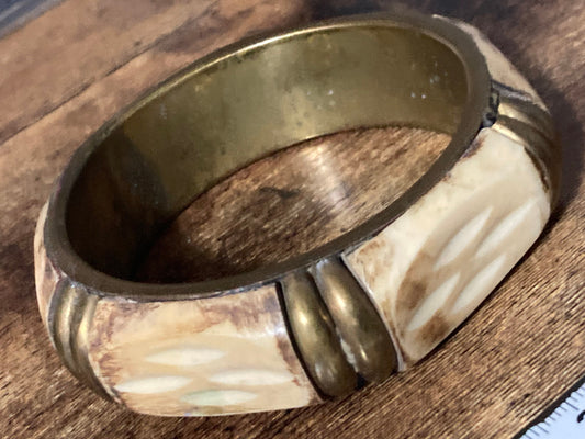 Retro gold tone faux bone acrylic brass wide cuff bangle