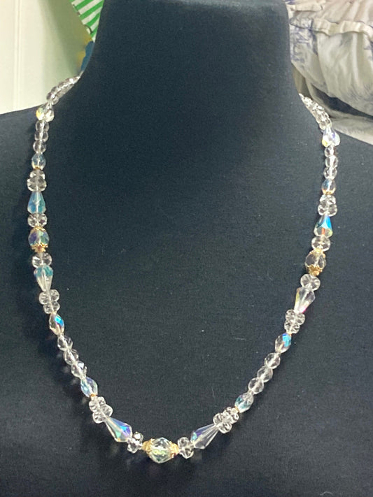 Long faceted glass single strand beaded clear diamanté crystal necklace 72cm