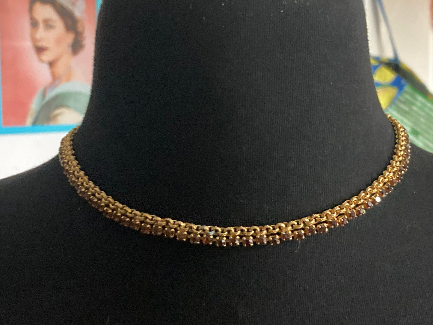 Brown cognac glass diamanté Slim mesh choker necklace Vintage