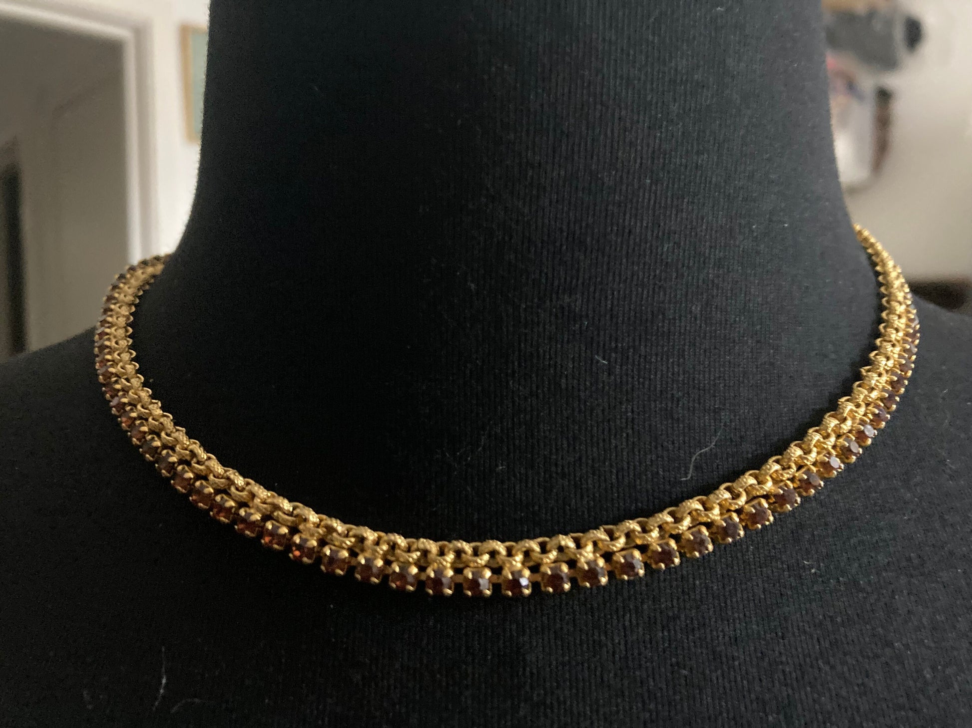 Brown cognac glass diamanté Slim mesh choker necklace Vintage