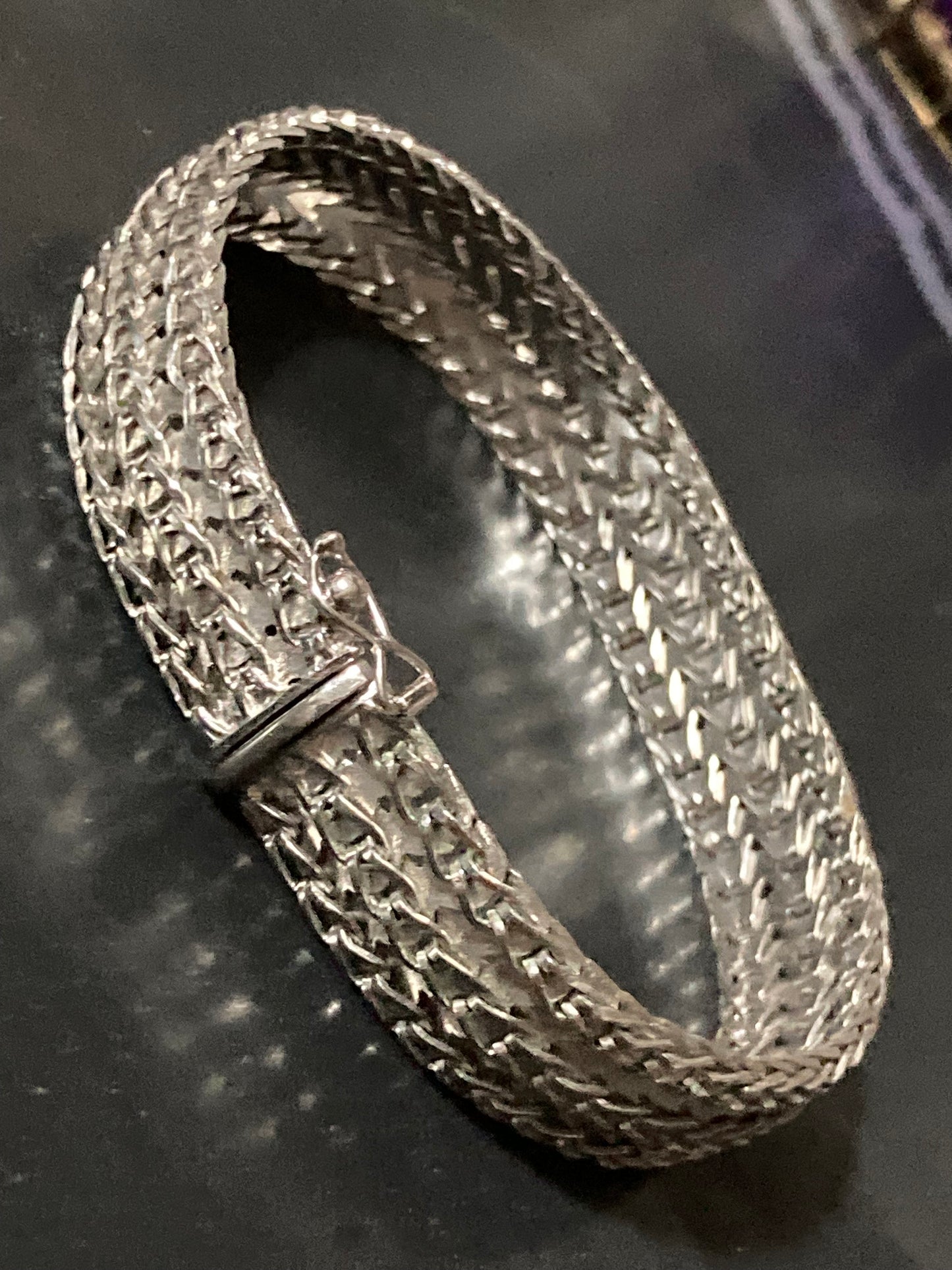 German 835 continental Silver modernist woven flat link chain bracelet clasp 20 x 1.2cm long 22.9 grams