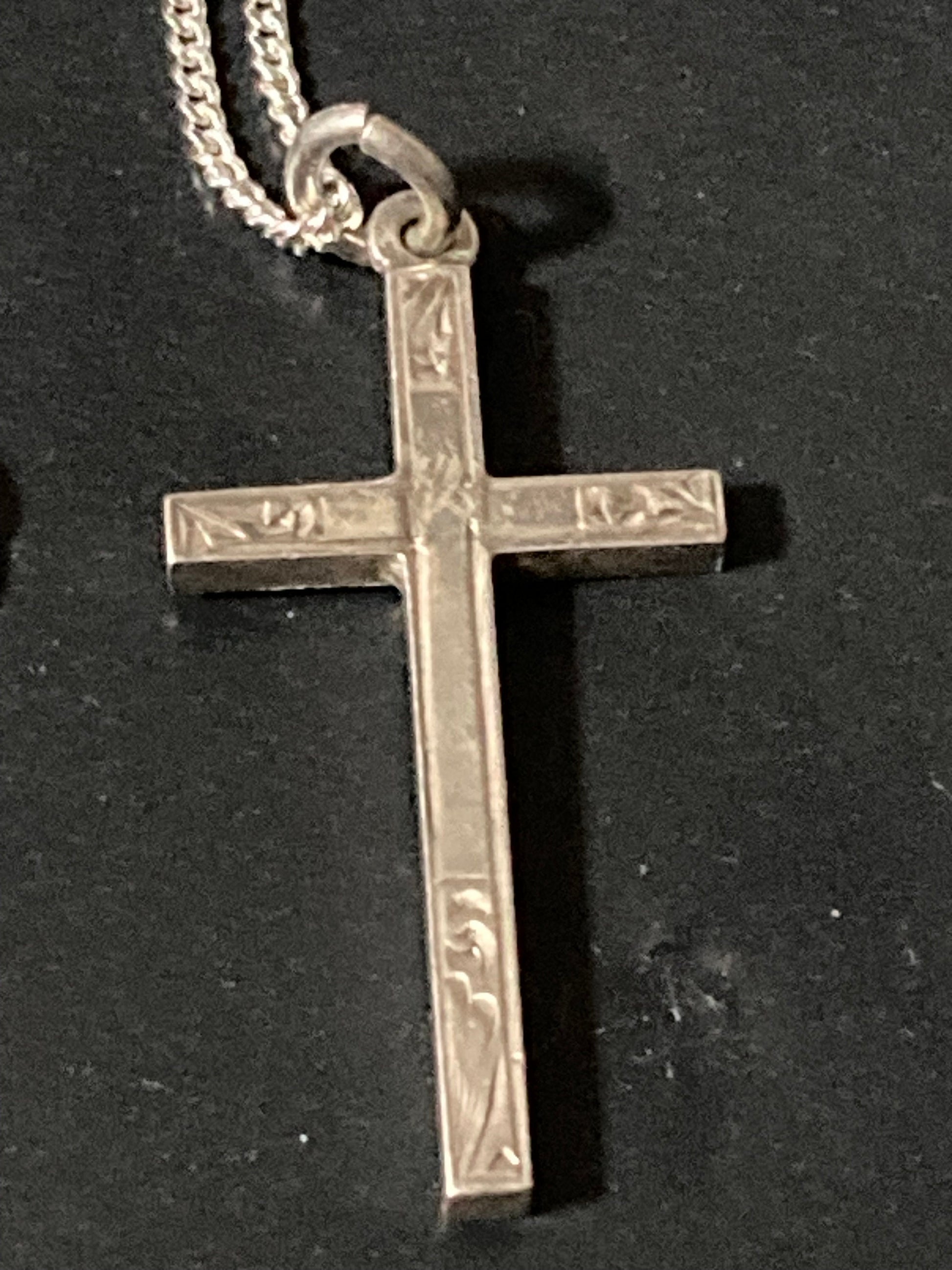 925 Sterling silver etched religious cross pendant necklace on chain