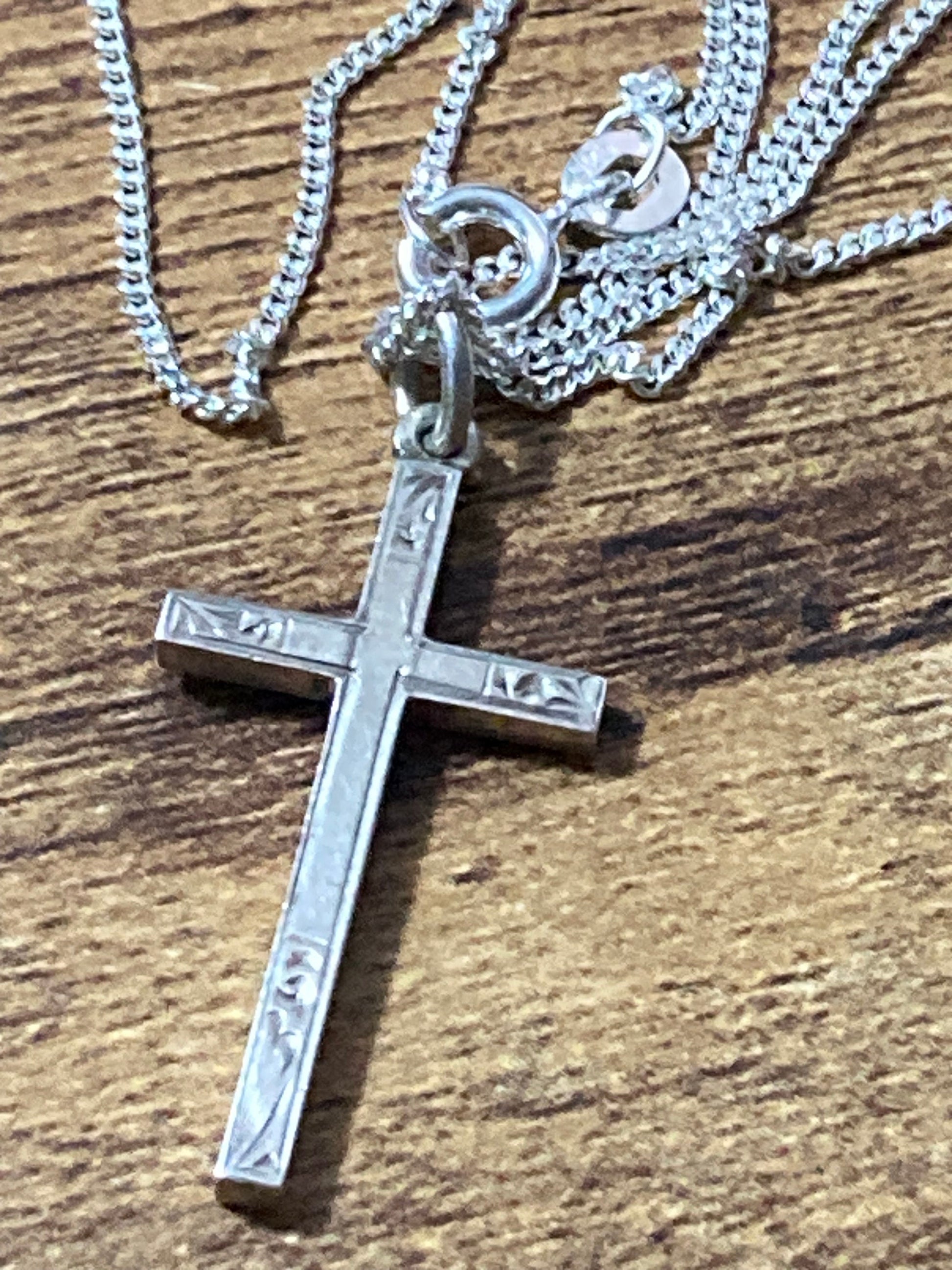 925 Sterling silver etched religious cross pendant necklace on chain