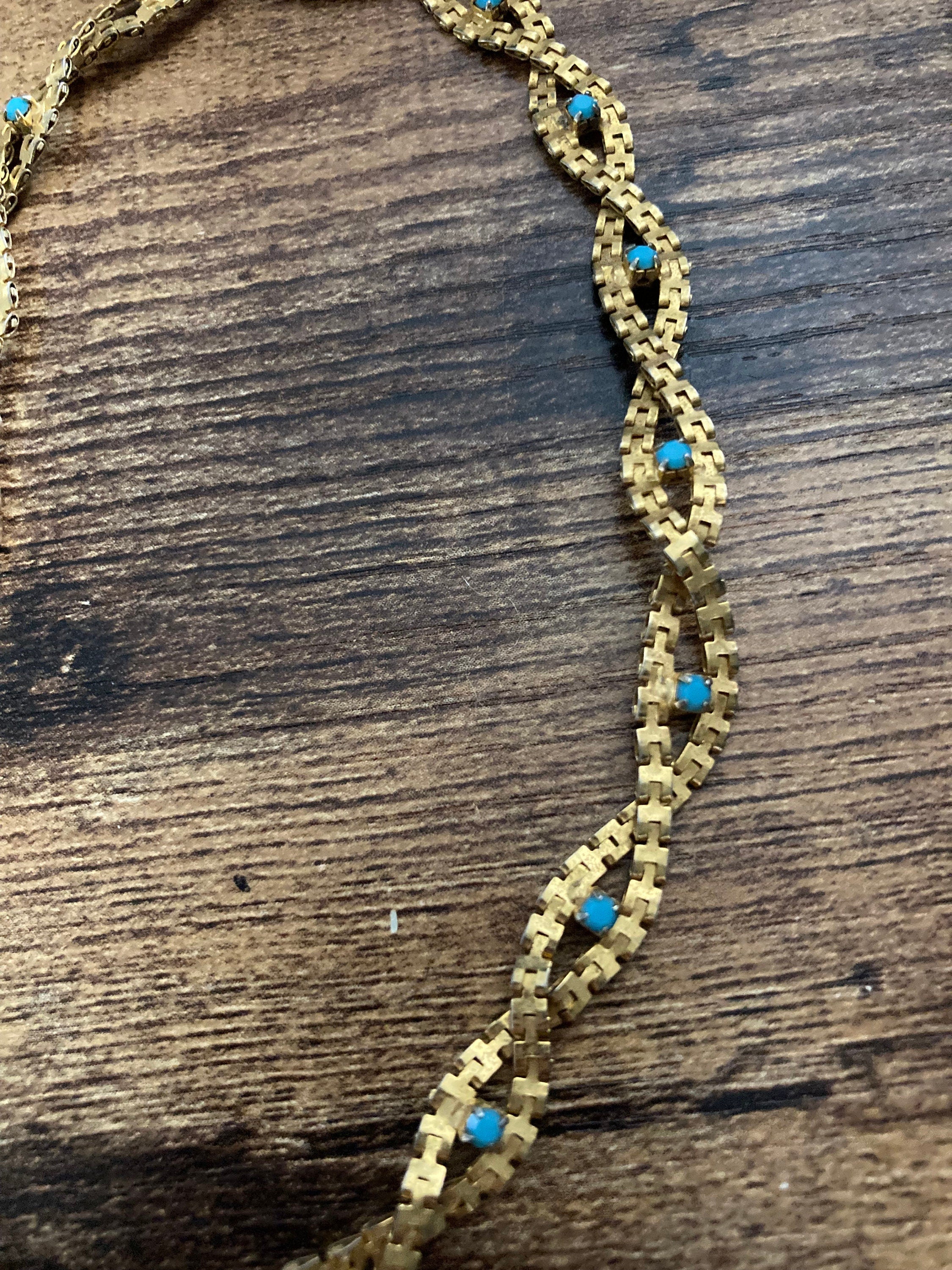 Wide mesh woven twisted choker necklace with turquoise paste stones 1960s gold tone