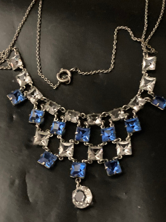 Petite Art Deco czech open back crystal Sapphire blue clear diamanté Paste Rhinestone glass bib necklace