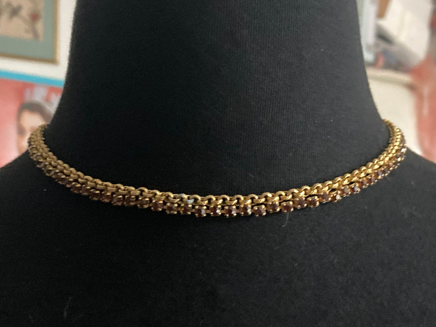 Brown cognac glass diamanté Slim mesh choker necklace Vintage