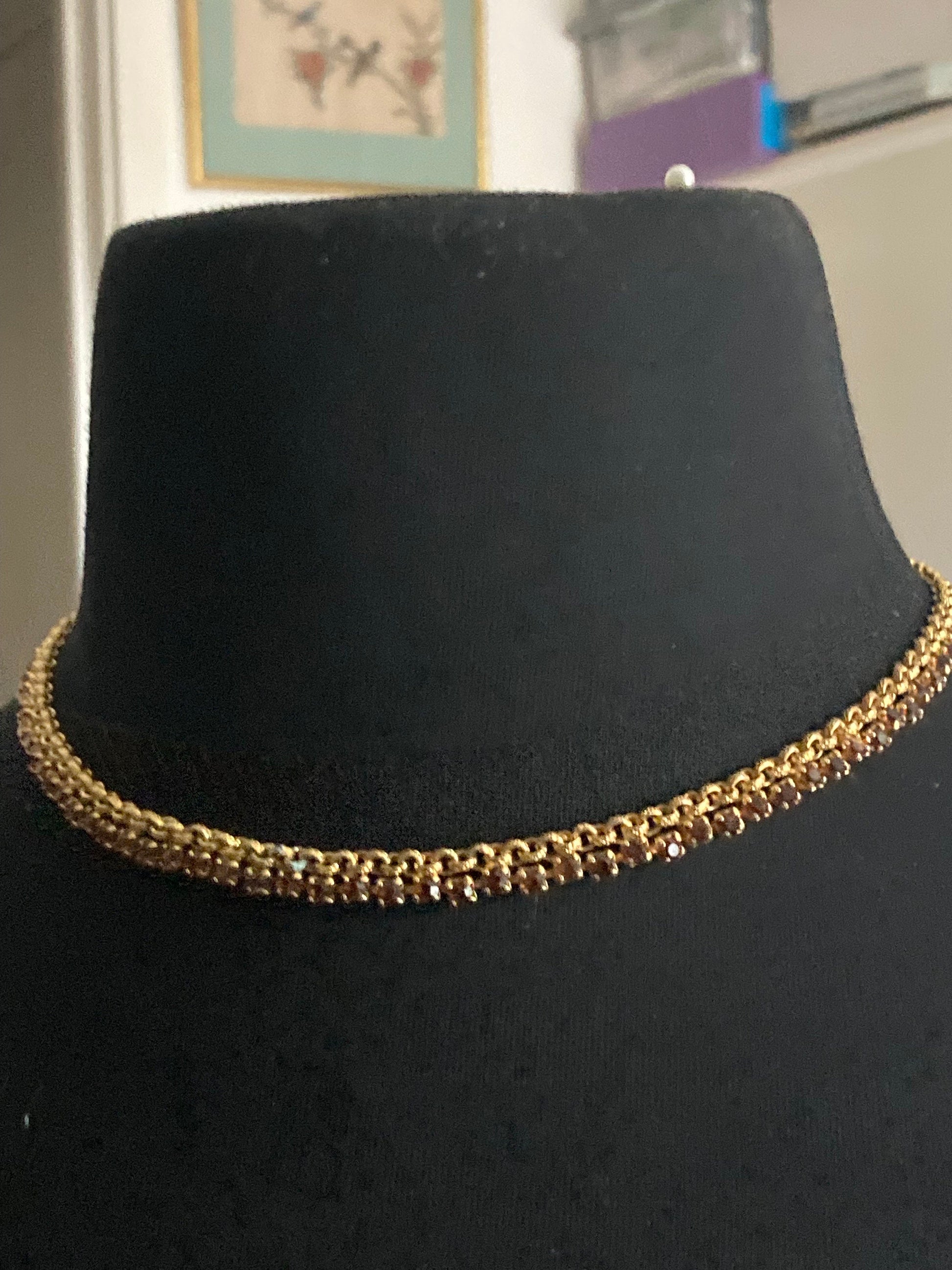 Brown cognac glass diamanté Slim mesh choker necklace Vintage