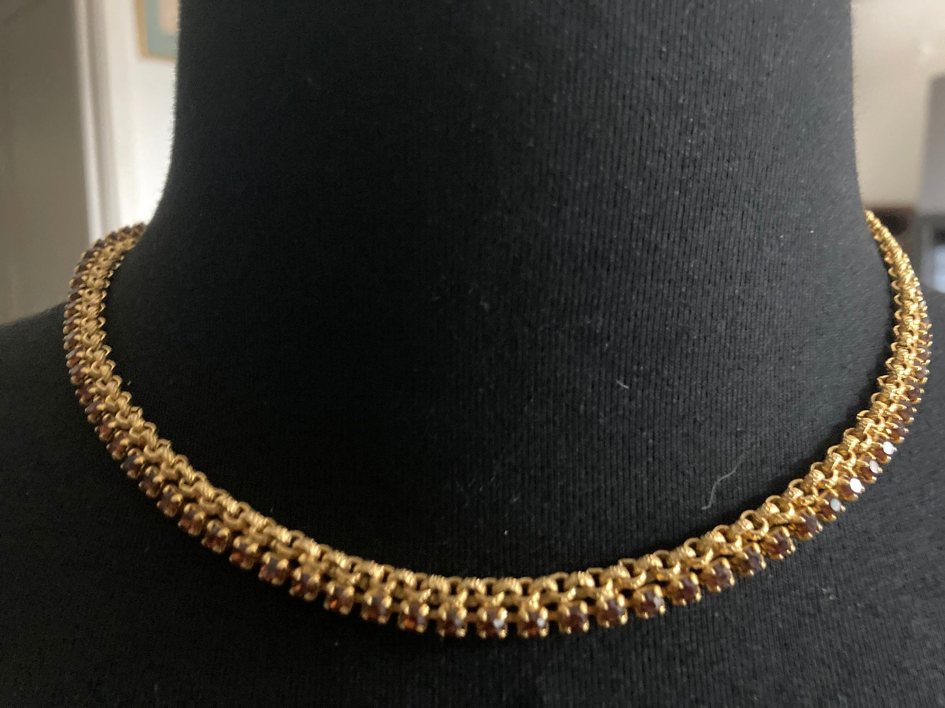 Brown cognac glass diamanté Slim mesh choker necklace Vintage