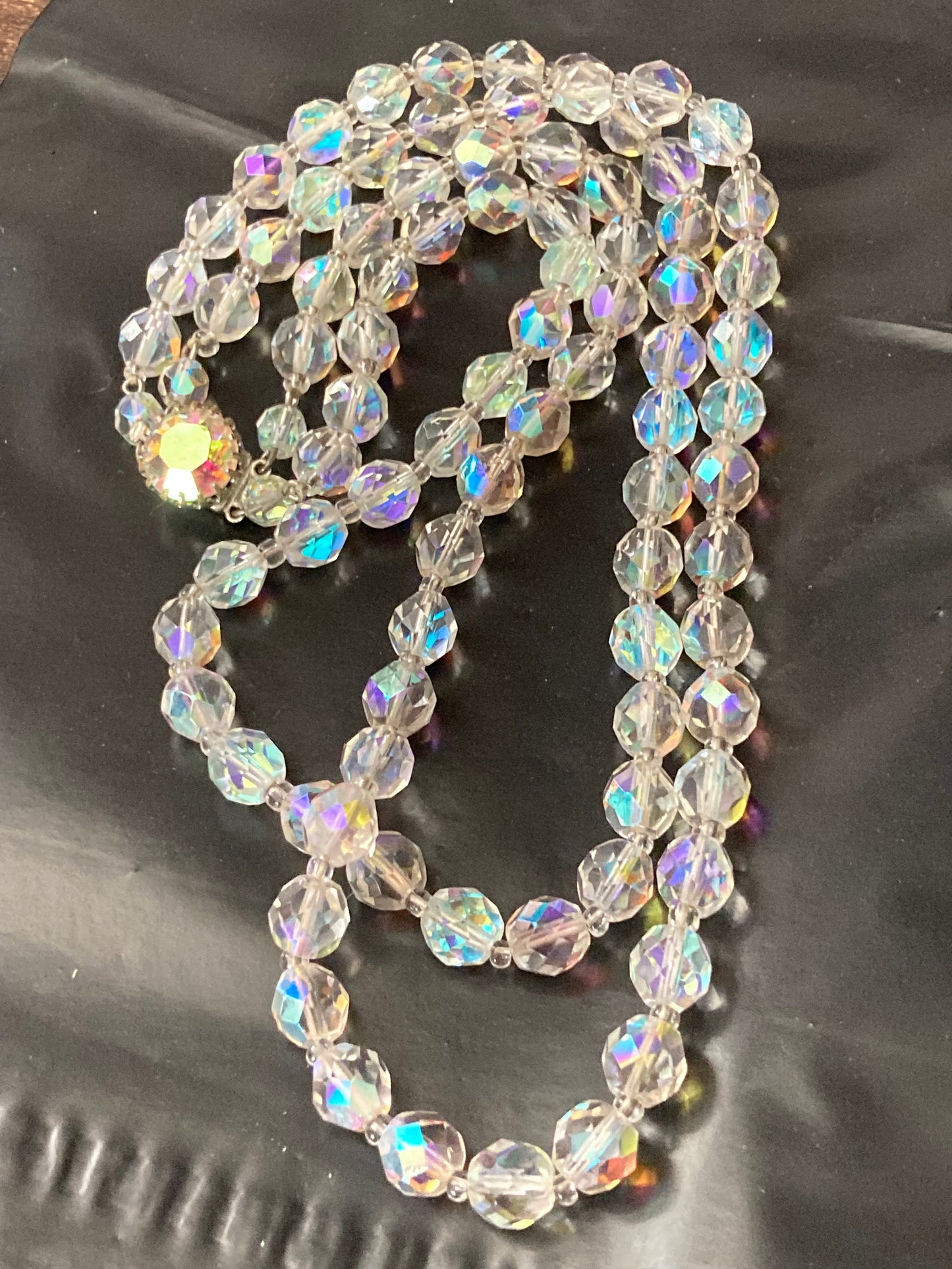 Art Deco clear AB rainbow Aurora borealis glass Crystal 2 row double strand beaded necklace choker festoon mid century