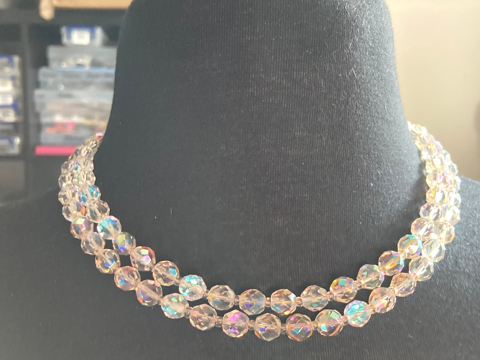 Art Deco clear AB rainbow Aurora borealis glass Crystal 2 row double strand beaded necklace choker festoon mid century