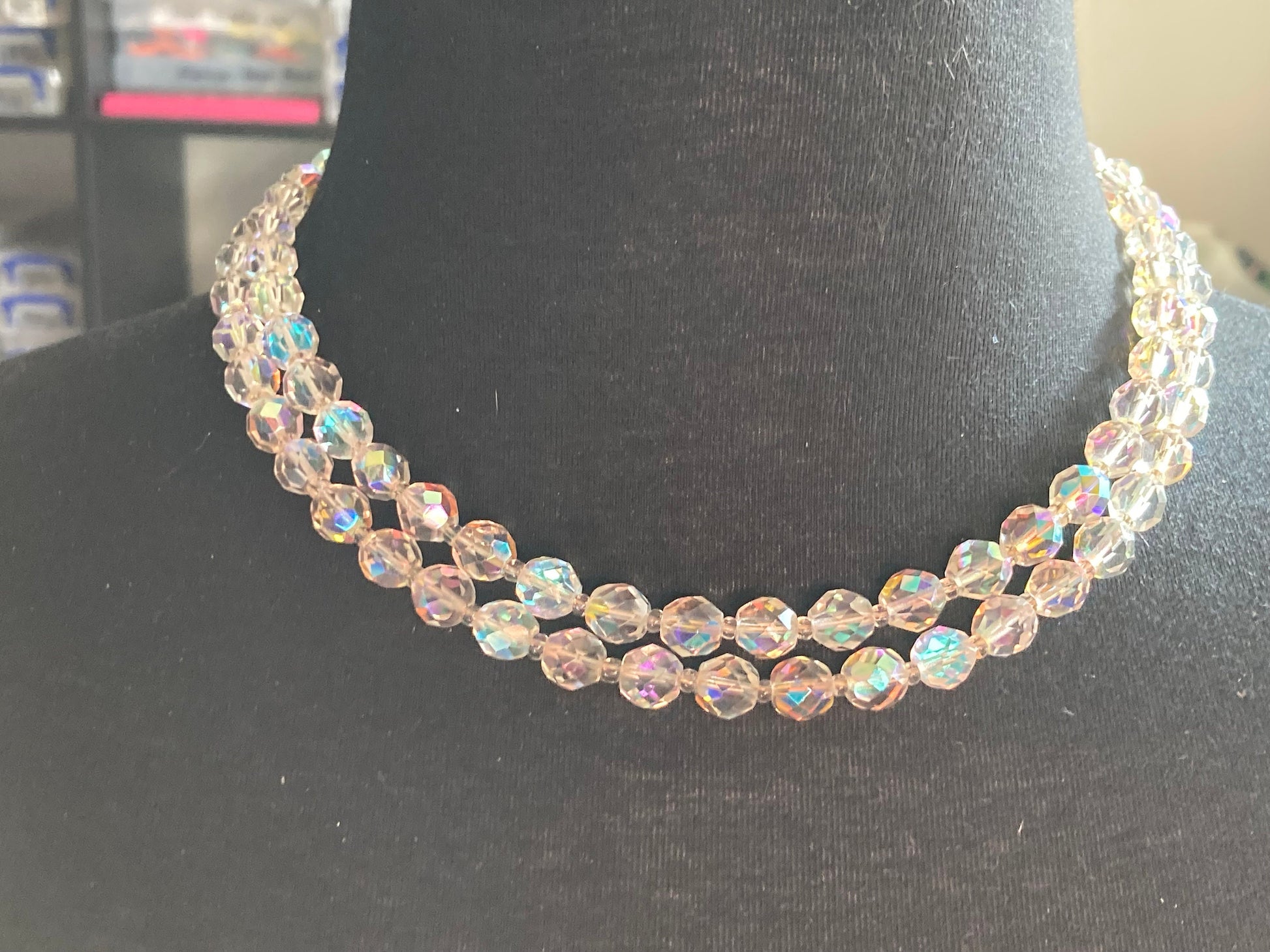 Art Deco clear AB rainbow Aurora borealis glass Crystal 2 row double strand beaded necklace choker festoon mid century