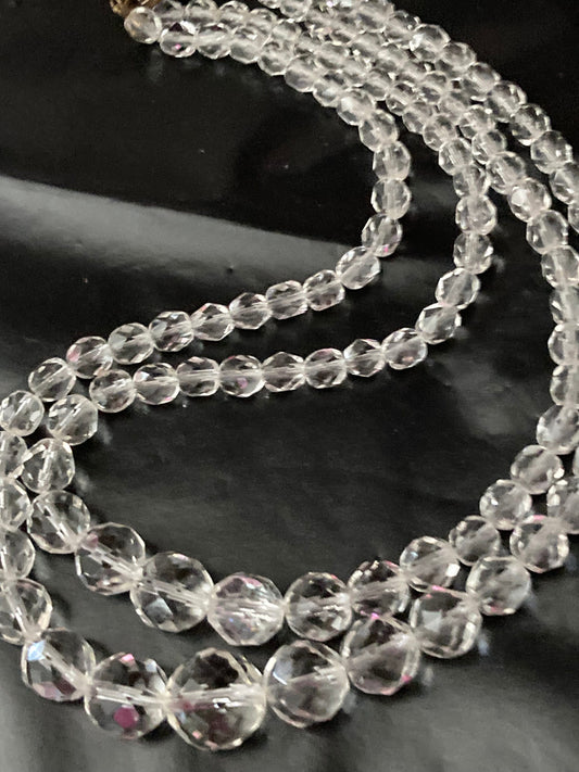 Art Deco clear faceted glass Crystal 2 row double strand beaded necklace choker festoon mid century