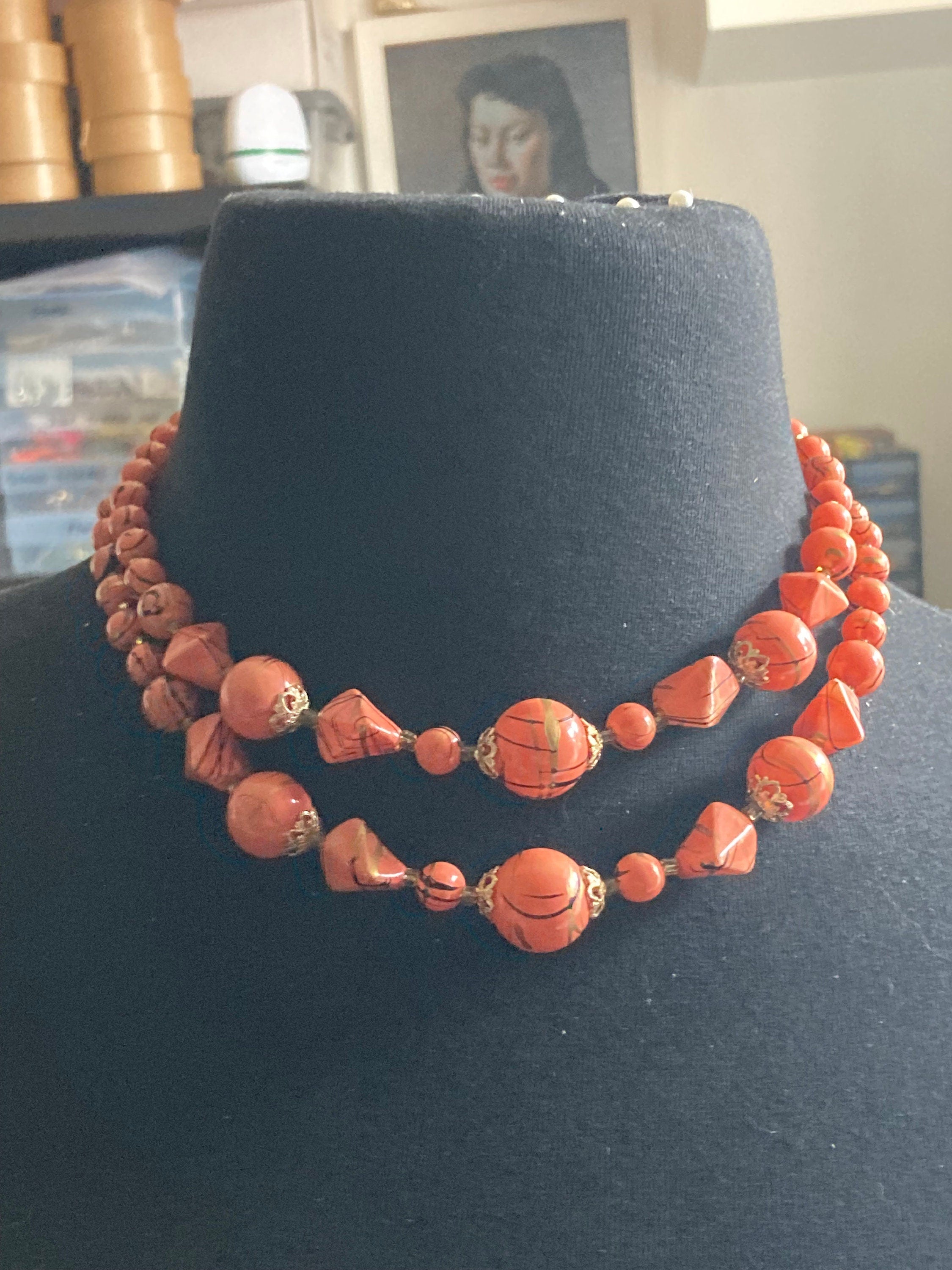 Retro plastic beaded faux orange coral painted necklace