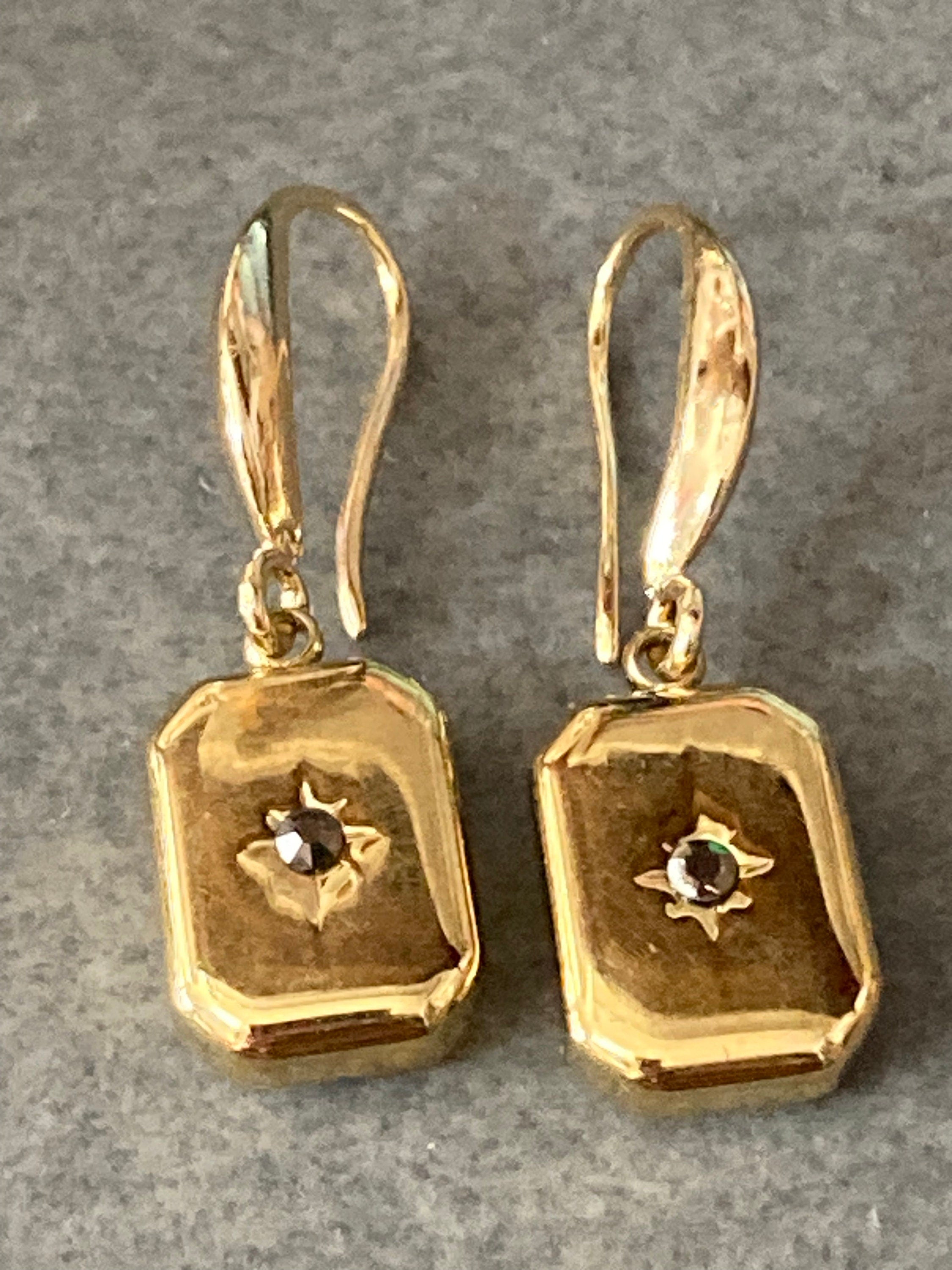 18k gold plated Victorian Ingot charm with central marcasite diamanté earrings