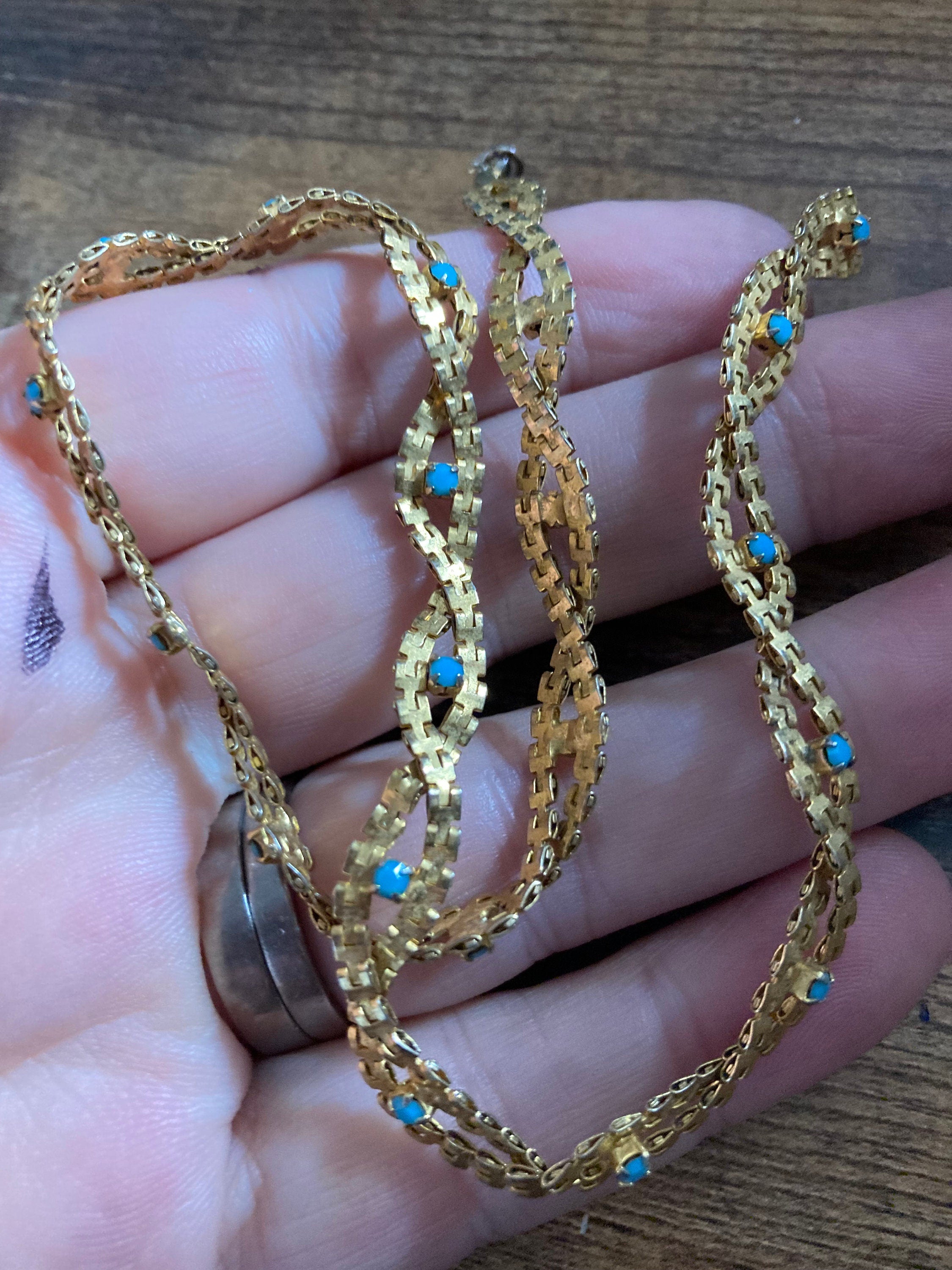 Wide mesh woven twisted choker necklace with turquoise paste stones 1960s gold tone