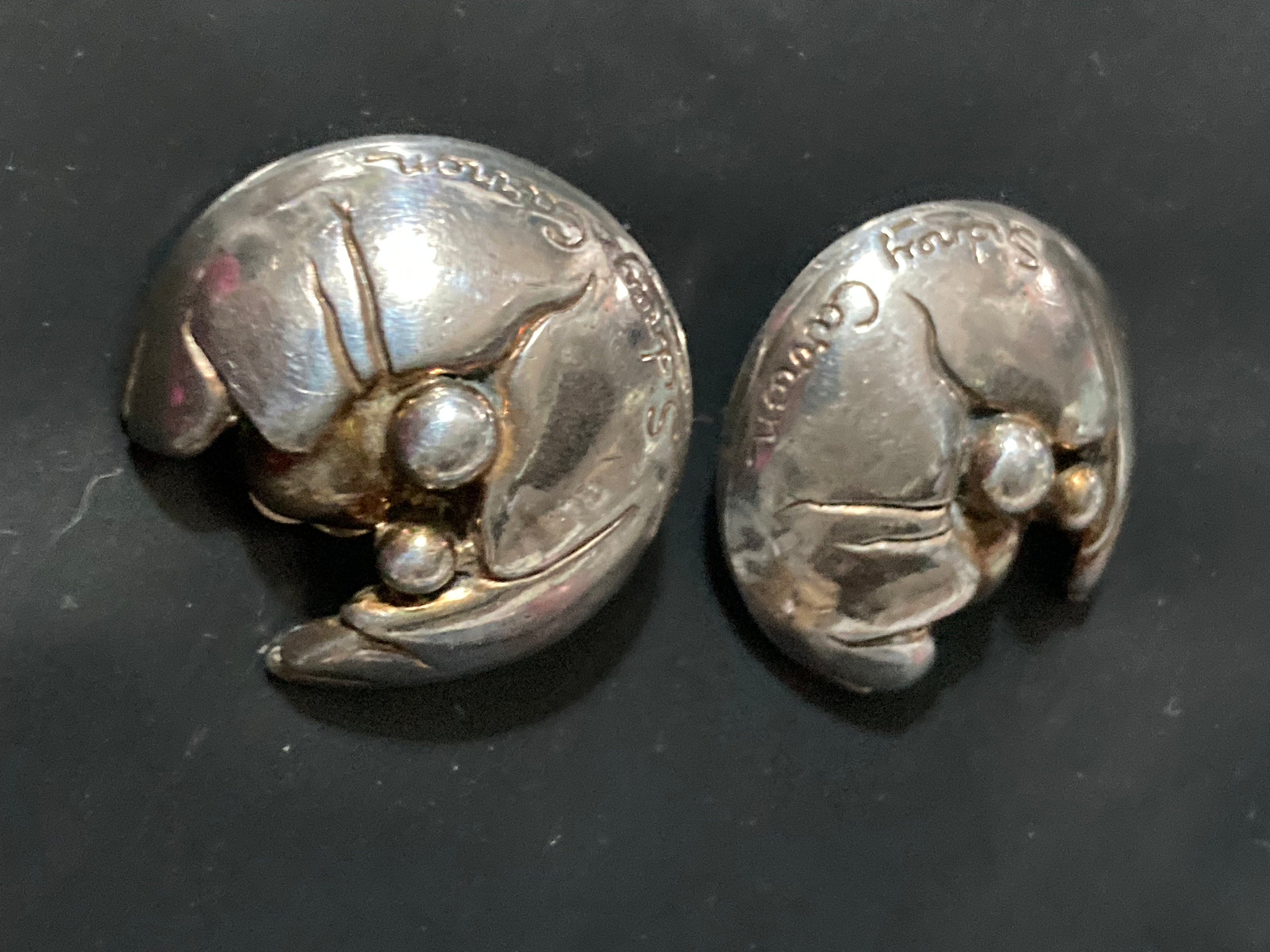 Signed SIDNEY CARRON Paris French designer large silver tone round clip on earrings